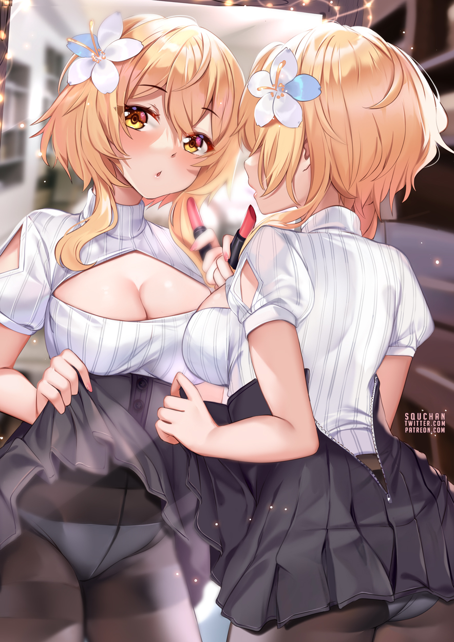 1girls, absurd res, back, back view, backboob, bangs, big breasts, black pantyhose, black skirt, blonde, blonde hair, blush, boob window, breasts, cleavage, detailed background, female, flower, flower in hair, genshin impact, hair between eyes, hair ornament, hi res, highres, hips, huge breasts, large breasts, lipstick, looking at viewer, lumine (genshin impact), mirror, mouth open, open mouth, panties, pantyhose, ribbed sweater, short hair, skirt, skirt lift, skirt pull, skirt up, slim waist, small waist, solo, squchan, underwear, unzipped, waist, white panties, wide hips, yellow eyes, zipper, zipper down, zipper pull tab