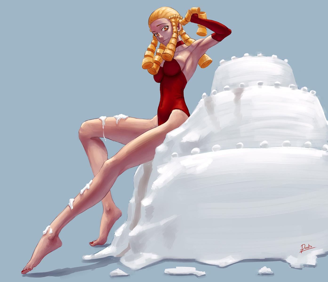 1girls armpits bare_legs barefoot blonde_hair breasts cake choker cream doolio elbow_gloves female female_only fingernails gloves hair_rings karin_kanzuki large_breasts legs leotard long_legs looking_at_viewer orange_eyes red_choker red_gloves red_leotard ringlets slight_smile solo street_fighter suggestive_food thin_female toenail_polish toes