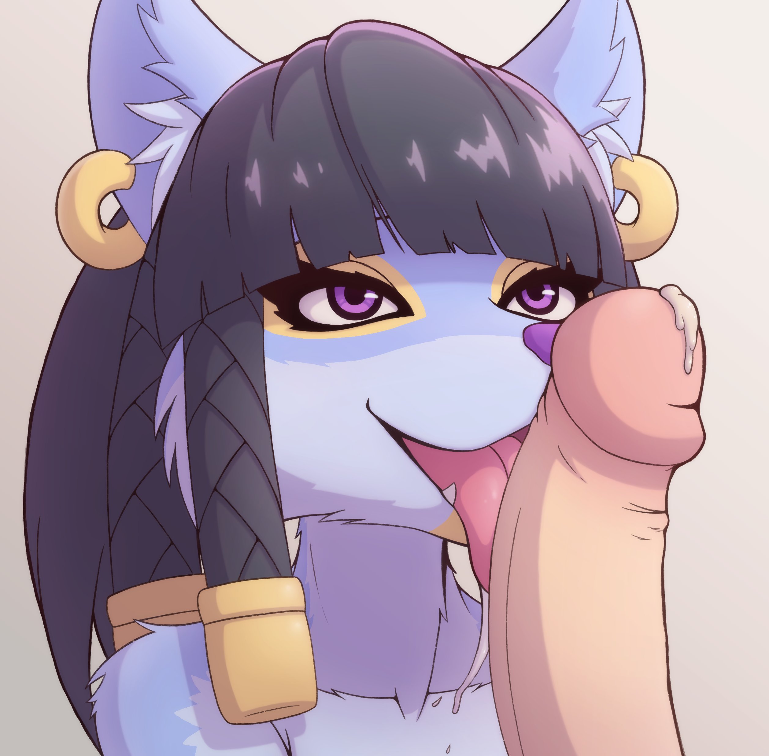 blue fur, female, fox, furry, human on anthro, licking, licking penis, male, male human/female anthro, male on anthro, paladins, penis, penis on face, pepper (paladins), rengaboo, unseen male face