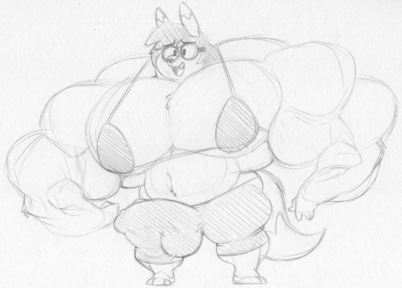 3_toes 4_fingers anthro balls big_muscles bottomwear bra bulge canid canine claire_(harvey_beaks) clothing eyewear fangs feet fingers fox genital_outline genitals glasses gynomorph hair harvey_beaks harvey_beaks_(series) huge_muscles intersex mammal muscular muscular_gynomorph muscular_intersex navel open_mouth penis_outline sbshouseofpancakes shorts standing toes underwear