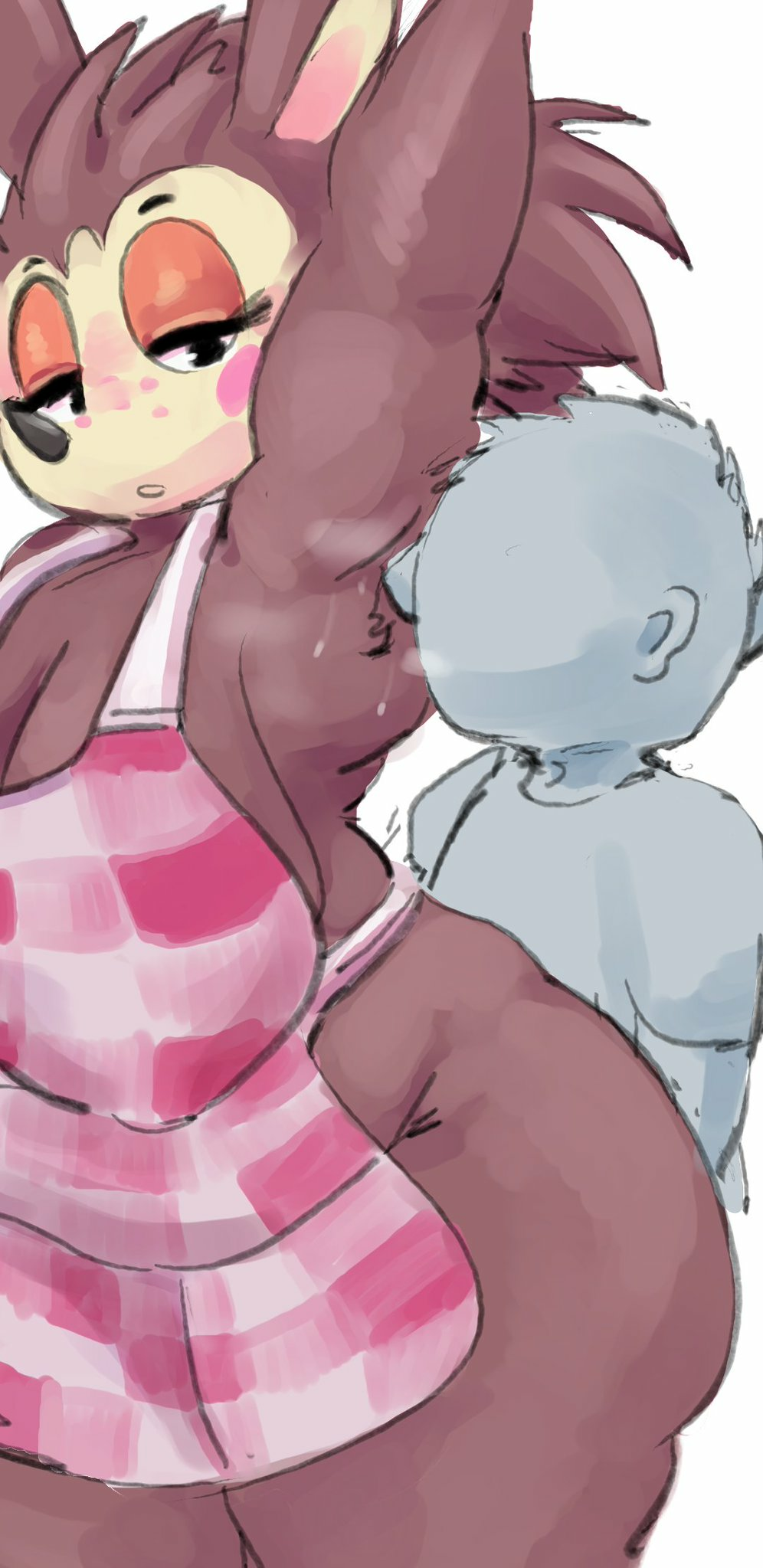 alternate_breast_size animal_crossing armpit armpit_fetish armpit_sniffing big_breasts breasts female fur hedgehog human kiseff male nintendo sable_able slightly_chubby thick_thighs video_games wide_hips