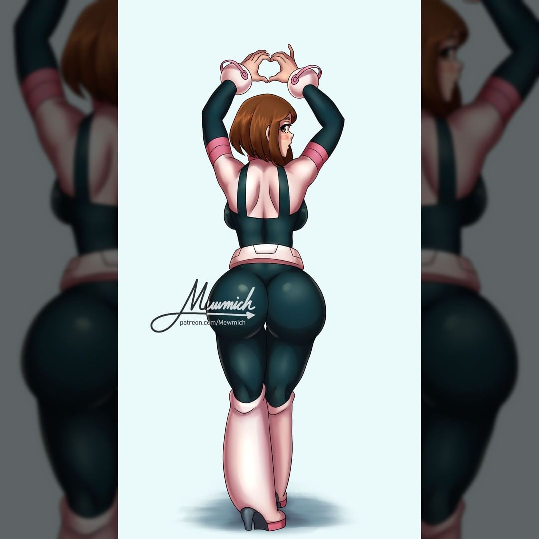 1girls, ass, big ass, brown eyes, brown hair, clothed, clothed female, female, female only, heart, hero outfit (mha), legs, mewmich, my hero academia, ochako uraraka