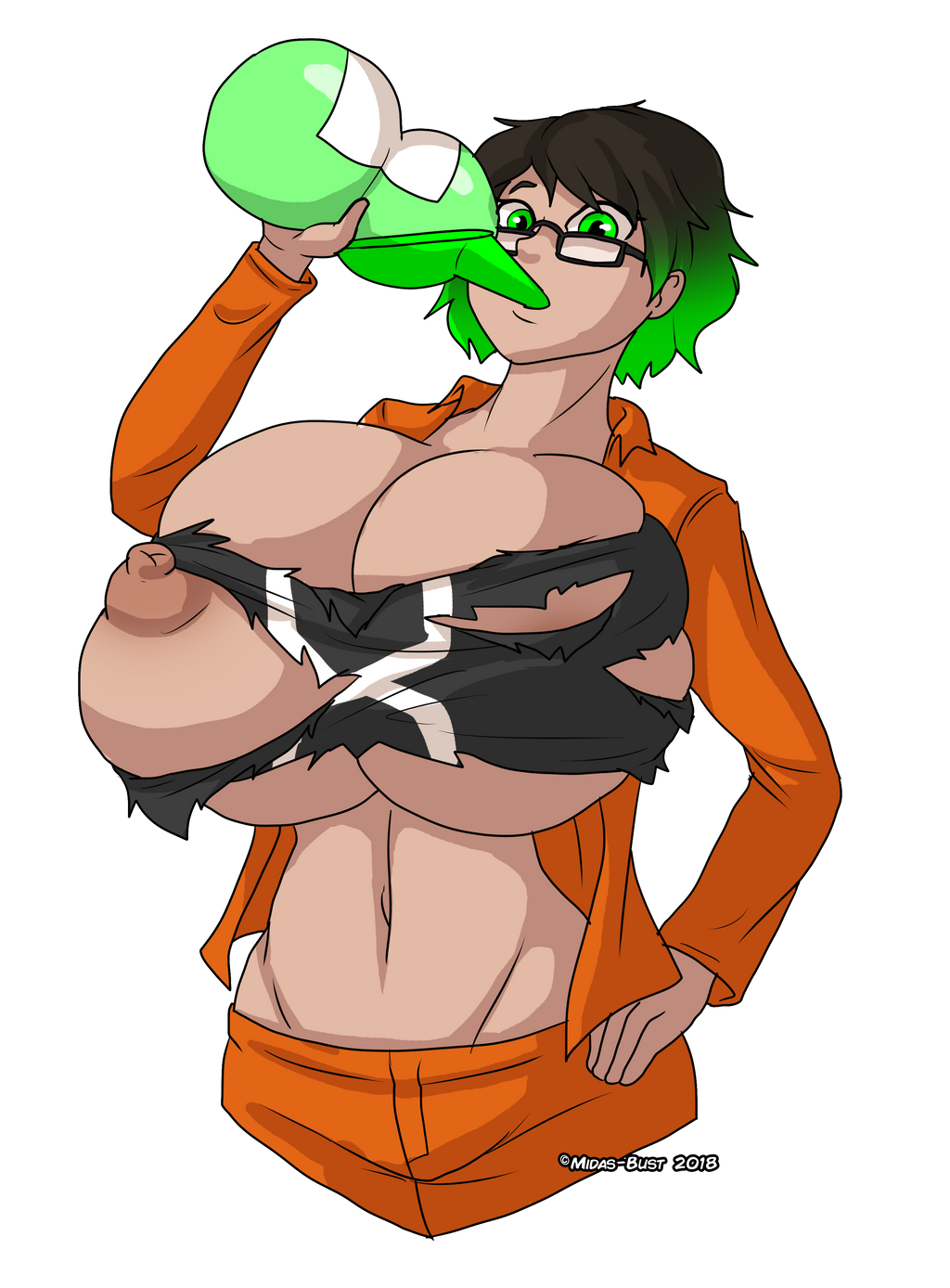 1girls bombshell_soda breast_expansion breasts female female_only glasses growth huge_breasts midas-bust ripped_clothing short_hair solo solo_female tagme transformation two_tone_hair wardrobe_malfunction