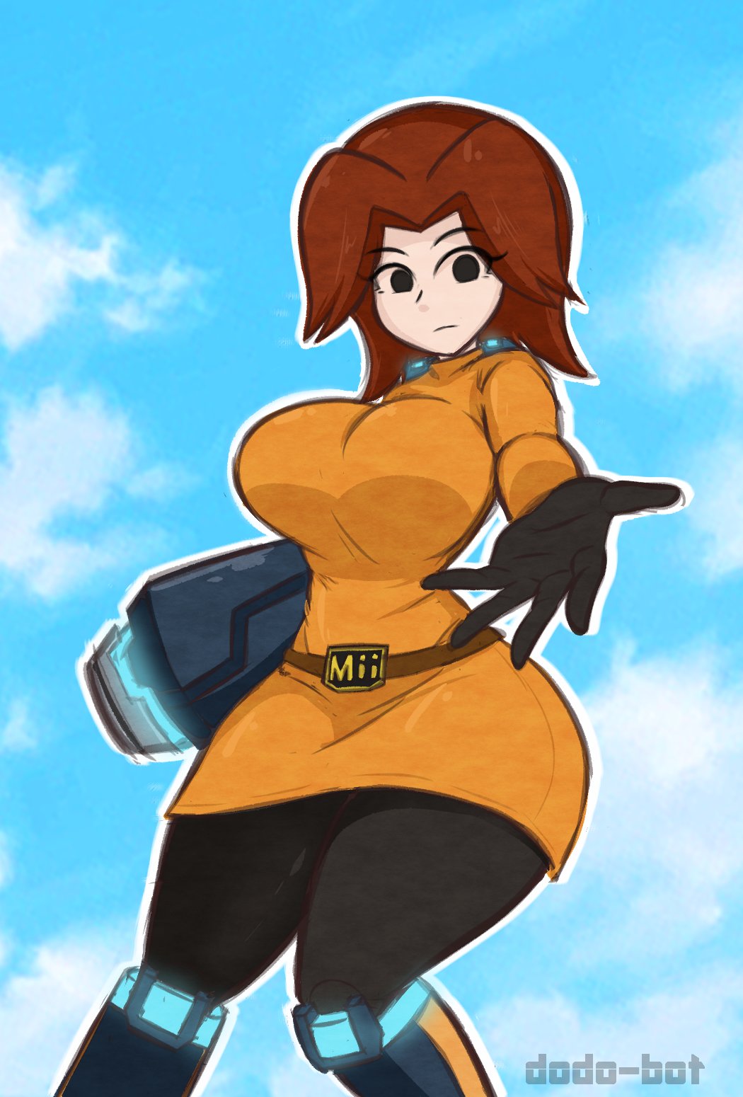 1girls big_breasts black_eyes breasts clothed disinterested dodo-bot emotionless empty_eyes expressionless female female_only holding_out_hand hourglass_figure looking_at_viewer mii mii_gunner mii_gunner_(smash_4) mob_face nintendo shoulder_length_hair solo super_smash_bros. super_smash_bros._for_nintendo_3ds_and_wii_u tagme thick_thighs