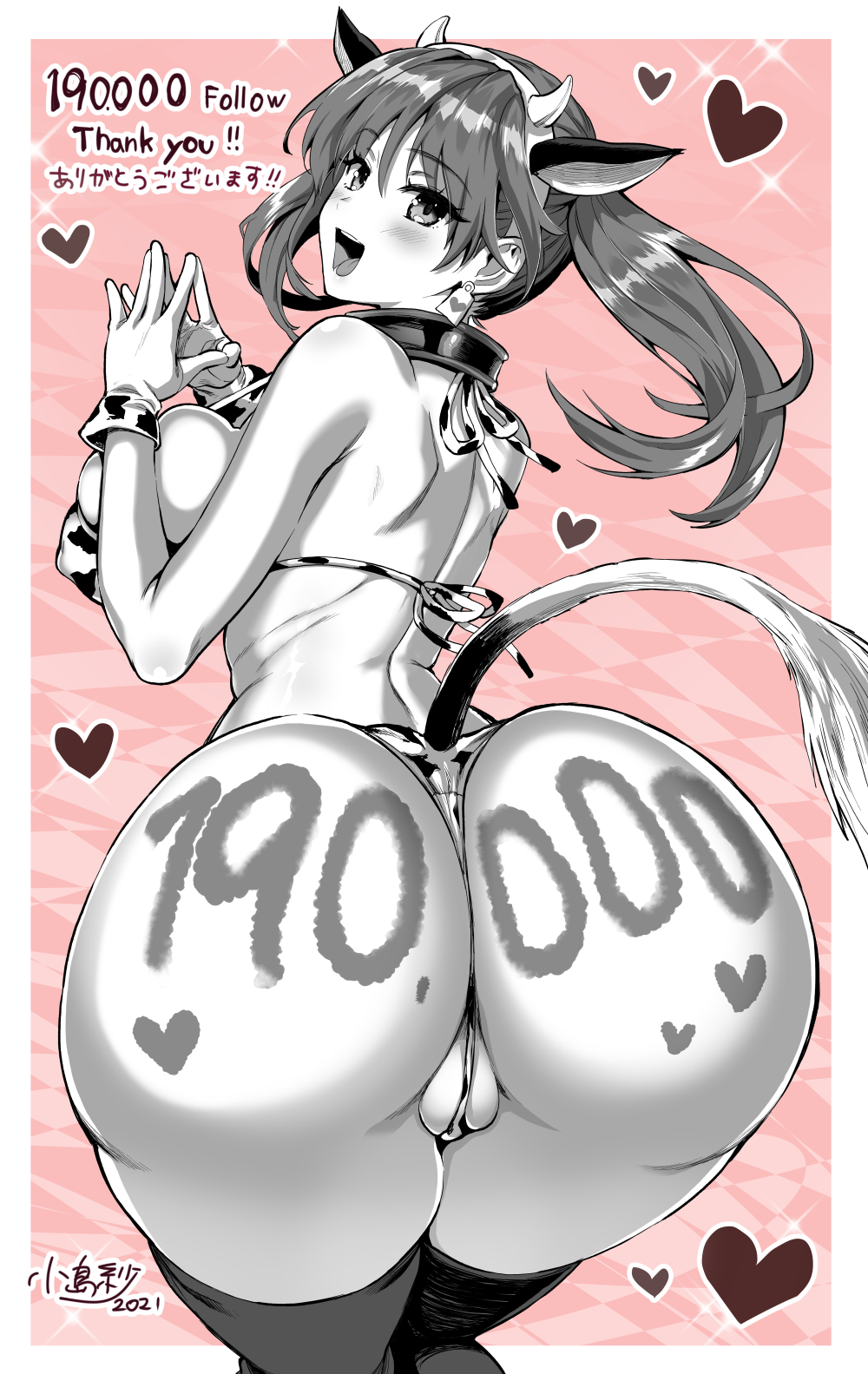 1girls, 2021, ass, ass focus, big breasts, bikini, bikini bottom, bikini top, body writing, bodypaint, breasts, cow ears, cow girl, cow horns, cow print, cow print bikini, cow tail, female, female focus, female only, follower celebration, heart, kojima saya, legwear, looking at viewer, looking back, milestone celebration, open mouth, original, original character, partially visible vulva, pink background, pussy, sideboob, solo, solo female, standing, thank you, thong, upper body, wrist cuffs