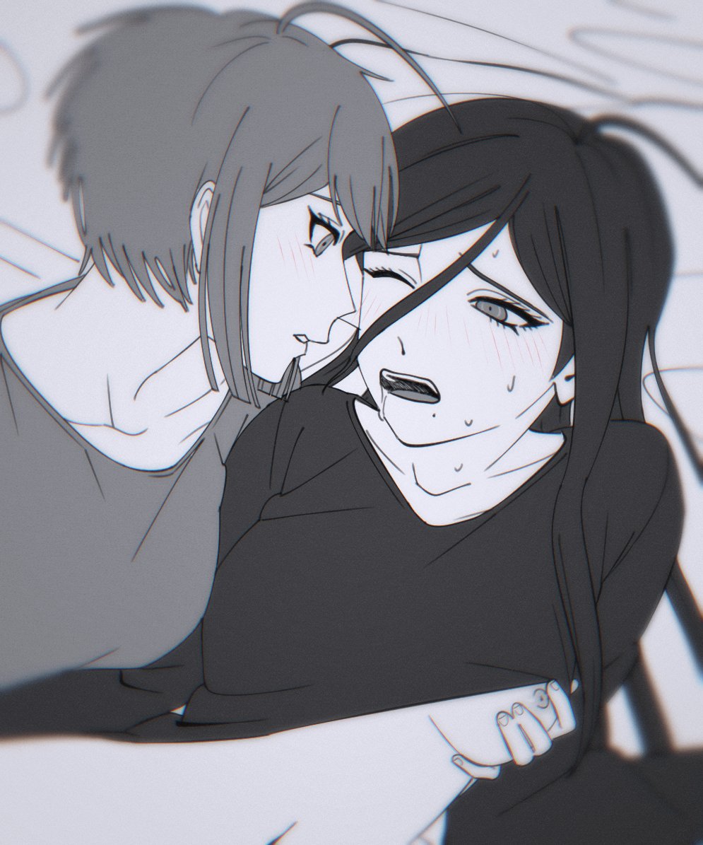 2girls, blush, breast grab, breasts, danganronpa, danganronpa ultra despair girls, female, fukawa touko, looking at partner, monochrome, naegi komaru, nipples, on bed, one eye closed, saliva, saliva trail, shirt lift, smooth skin, wholesome, yumemi9603, yuri