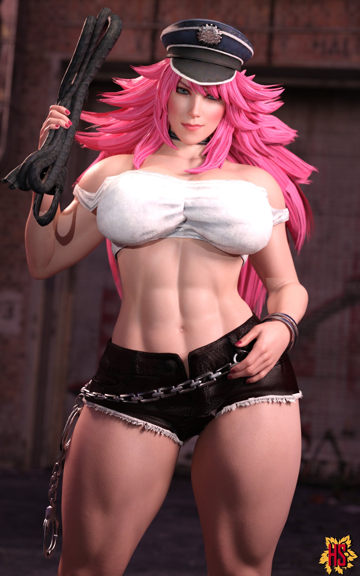 1girls, 3d, abs, artist logo, athletic, athletic female, big breasts, black short shorts, black shorts, blue eyes, breasts, busty, capcom, chains, choker, clothing, cutoff shorts, denim shorts, female, final fight, hagiwara studio, handcuffs, hat, holding whip, hourglass figure, long hair, looking at viewer, muscles, muscular, muscular female, navel, pink hair, pink nail polish, poison (final fight), pose, posing, revealing clothes, riding crop, short shorts, smirk, smirking at viewer, standing, street fighter, tank top, thick thighs, toned, unbuttoned shorts, whip, white tank top, white topwear, wide hips