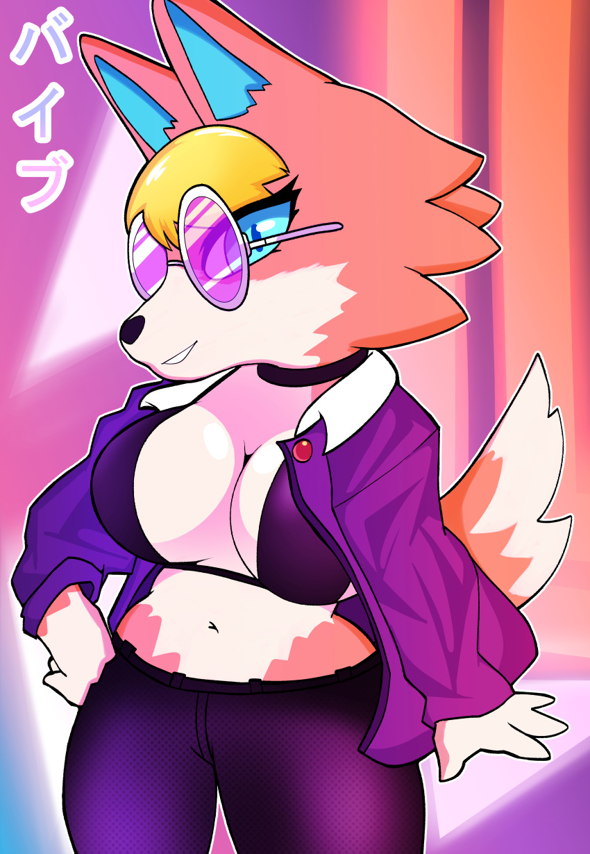 absurd_res alternate_breast_size animal_crossing anthro anthrofied audie_(animal_crossing) big_breasts bra breasts canid canine canis choker clothed clothing eyewear female furry glasses hand_on_hip hi_res jacket japanese_text jewelry looking_at_viewer mammal necklace nintendo onibi open_clothing open_jacket open_topwear smile solo text topwear underwear video_games wolf