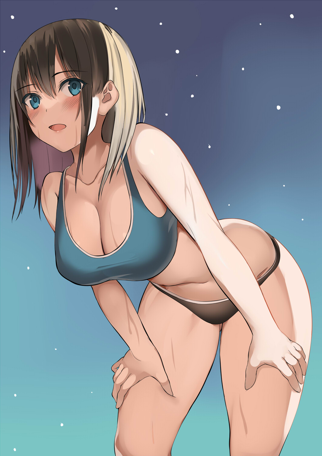 1girls arm_support bending_over bent_over big_breasts blue_eyes blush bra breasts brown_hair cleavage detailed digital_media_(artwork) female female_only hair hands_on_thighs hi_res huge_breasts human kureha_(ironika) long_hair looking_at_viewer panties portrait presenting_breasts presenting_cleavage skimpy solo solo_female sports_bra standing tagme thick_thighs three-quarter_portrait underwear