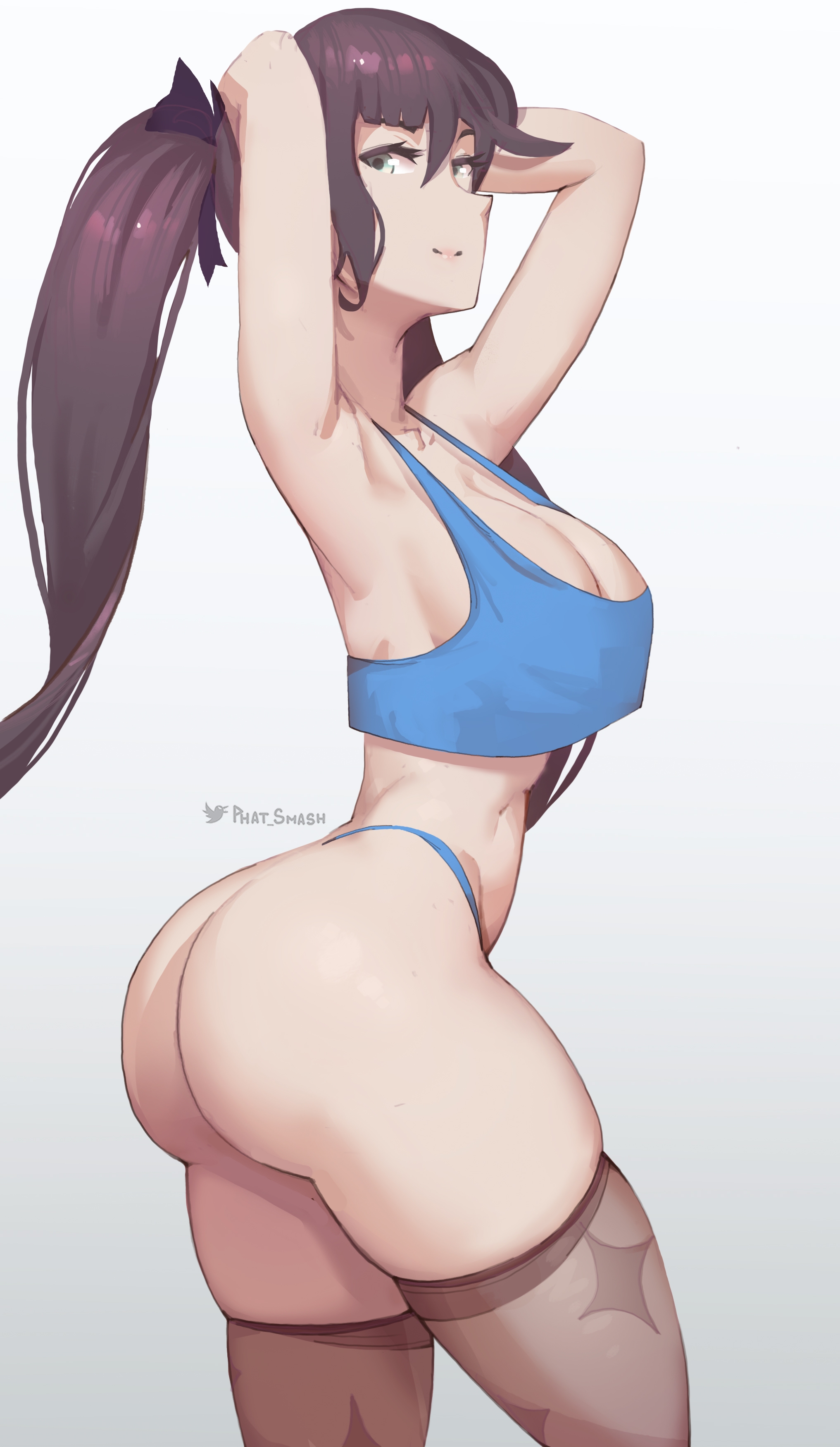 1girls, 2021, absurd res, alternate breast size, arms up, ass, black hair, blue panties, blue topwear, breasts, female, female only, genshin impact, green eyes, high resolution, highres, hips, large ass, large breasts, long hair, looking at viewer, mona (genshin impact), panties, phat smash, simple background, slim waist, smile, thick thighs, thighhighs, thighs, thong, twintails, white background, wide hips