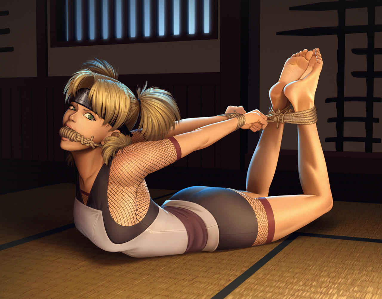 1girls, arms behind back, barefoot, blonde hair, bondage, bound, clothing, feet, female, female only, femsub, fishnets, fully clothed, gag, gagged, green eyes, headband, headwear, hogtie, kidetic, kusujinn, looking at viewer, naruto, naruto (series), rope, rope bondage, rope gag, soles, temari, tied hair, tight clothing, toenail polish, toes, twintails