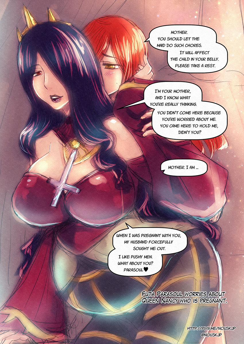 1futa 1girls age_difference big_ass big_breasts breasts clothed clothing daughter dialogue duo female from_behind fully_clothed futa_wife futa_with_female futanari human implied_futanari incest light-skinned_futanari light_skin mother mother_and_daughter nousk pale_skin parasoul parent parent_and_child pregnant queen_nancy self_upload skullgirls standing text wide_hips