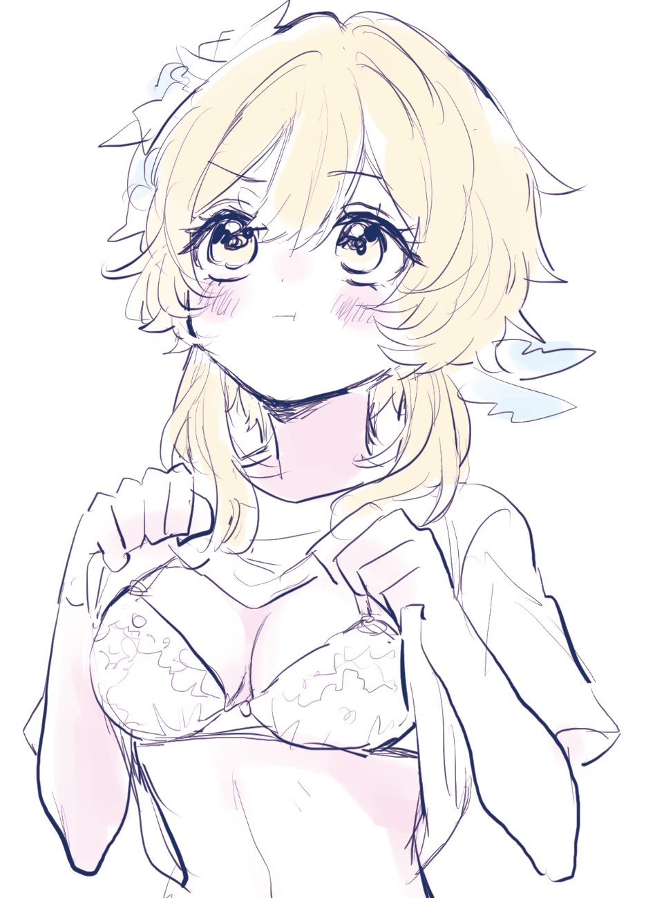 1girls, blonde hair, blush, bra, breasts, cute, female, genshin impact, lace, lifting shirt, lumine (genshin impact), small breasts, syorisensei, yellow eyes