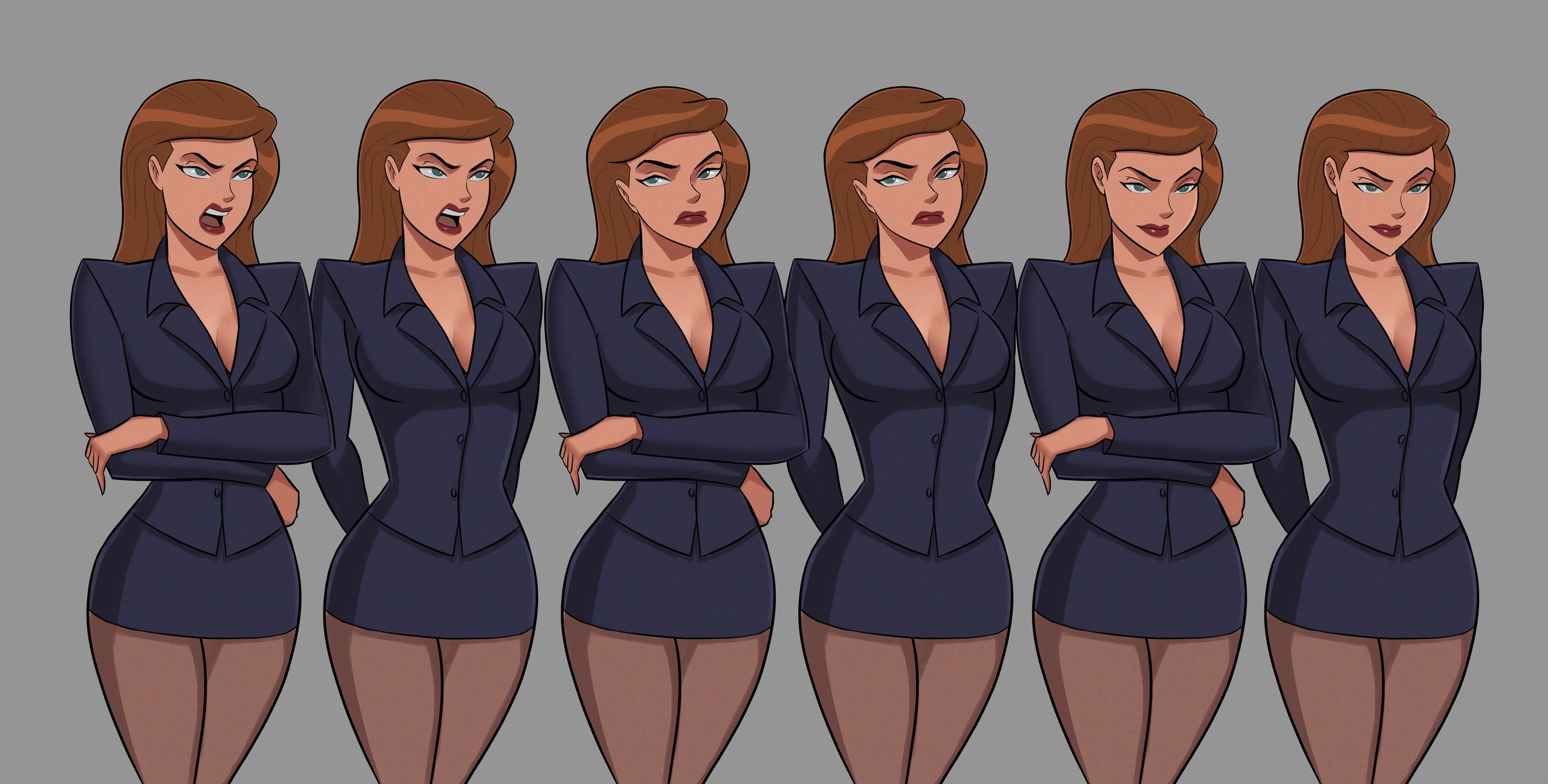 1girls, arms crossed, athletic, brown hair, clothed, dc, dc comics, dcau, eyelashes, female, female only, fully clothed, green eyes, hands behind back, mercy graves, office clothing, solo, sunsetriders7, superman (series), superman: the animated series, thick thighs, wide hips