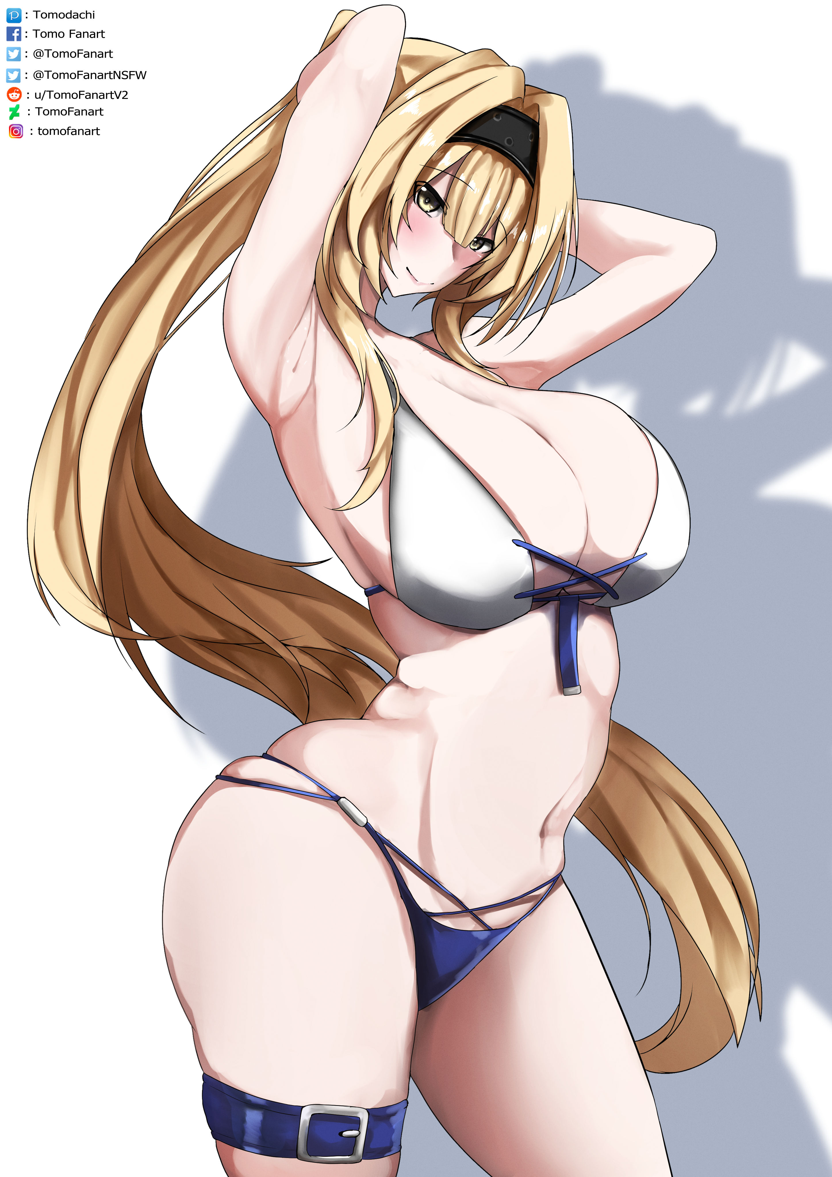 1girls, armpits, arms behind head, arms up, bare shoulders, bare thighs, bianca (punishing: gray raven), blonde hair, blush, breasts, female, female focus, female only, huge breasts, long hair, navel, ponytail, punishing: gray raven, robot girl, smile, solo, swimsuit, tomodachi (tomofanart), yellow eyes