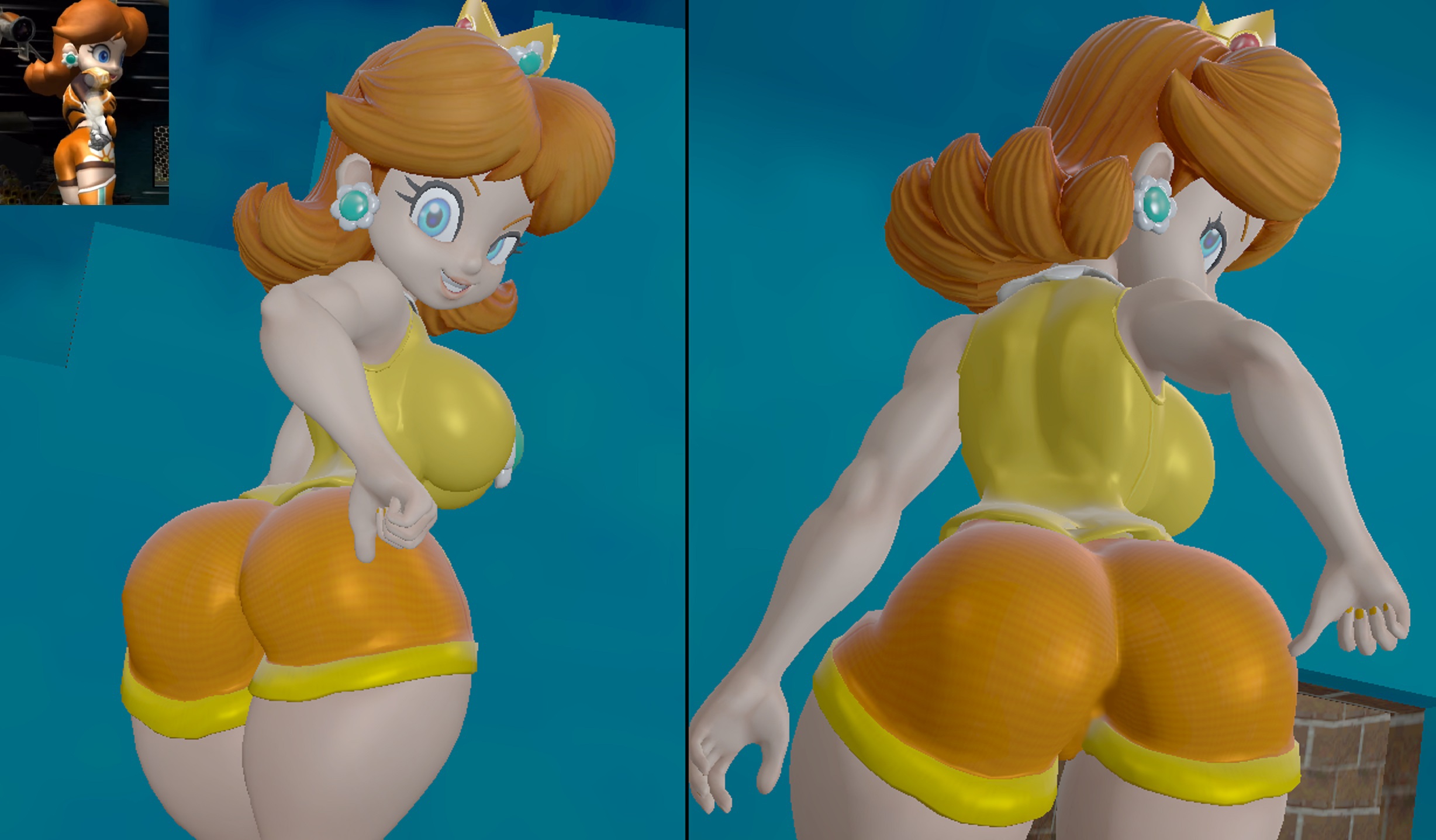 1girls, 3d, 3d (artwork), ass, big breasts, blue eyes, breasts, brown hair, bubble ass, bubble butt, busty, daisy's hot stuff (trend), female, female only, highres, huge ass, huge breasts, kabalmystic, kabalmystic (style), legs, looking at viewer, looking back, mario (series), mario strikers, mario strikers princess daisy side view redraw (meme), mario tennis, nintendo, panels, pose, princess, princess daisy, reference image, seductive, seductive look, seductive smile, short hair, shorts, skulltronprime969, smelly ass, smile, solo, sports uniform, sportswear, thick thighs, thighs, voluptuous