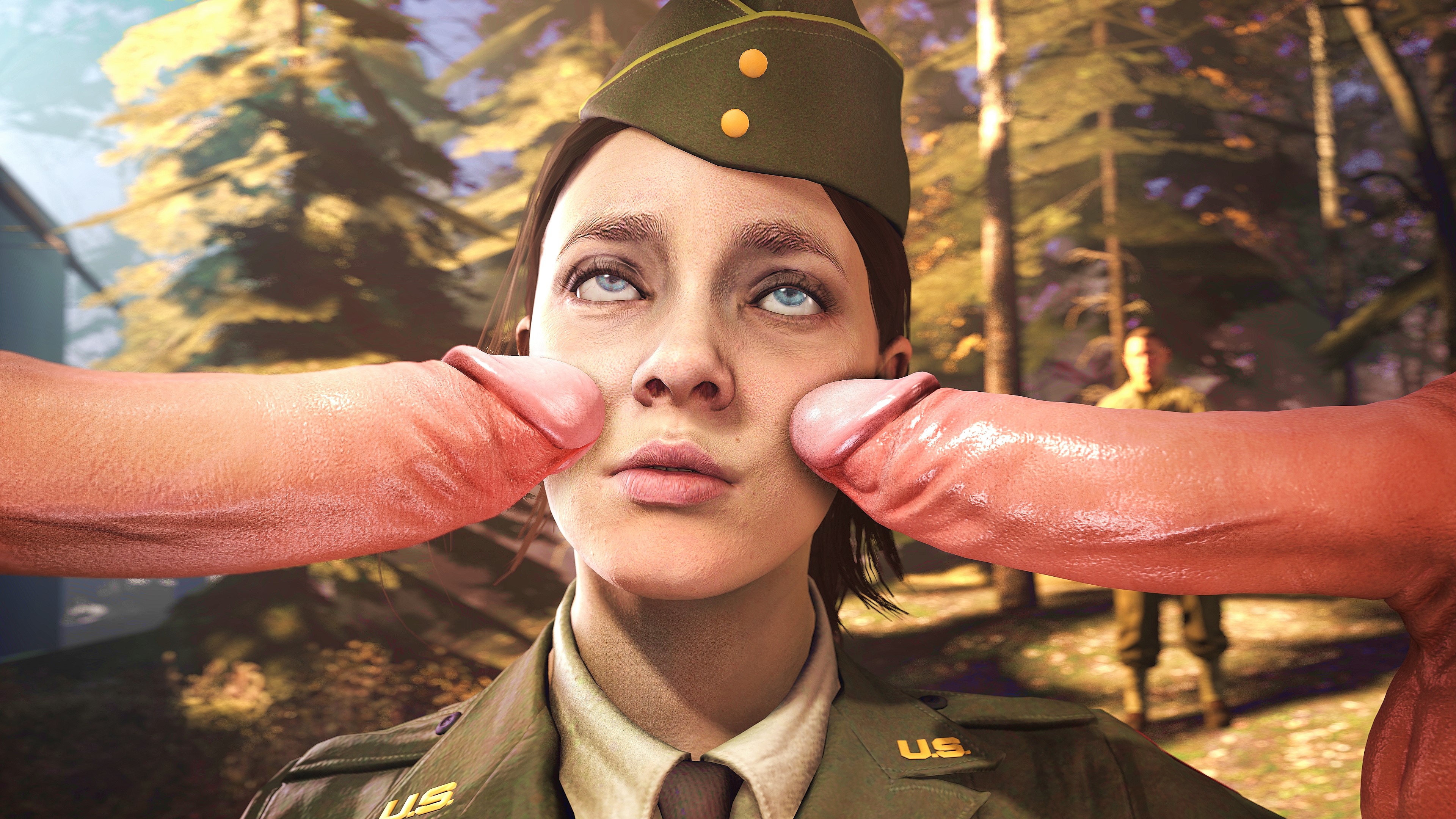 1girls, 3boys, 3d, activision, akatomasu, balls, beret, big penis, call of duty, call of duty ww2, clothed, clothing, corporal green, dubious consent, female, female focus, hi res, highres, imminent fellatio, imminent oral, imminent sex, light skin, light-skinned female, light-skinned male, looking at partner, looking up, male, military, military hat, military uniform, necktie, outdoors, penis, sad, soldier, source filmmaker, testicles, uniform, world war 2