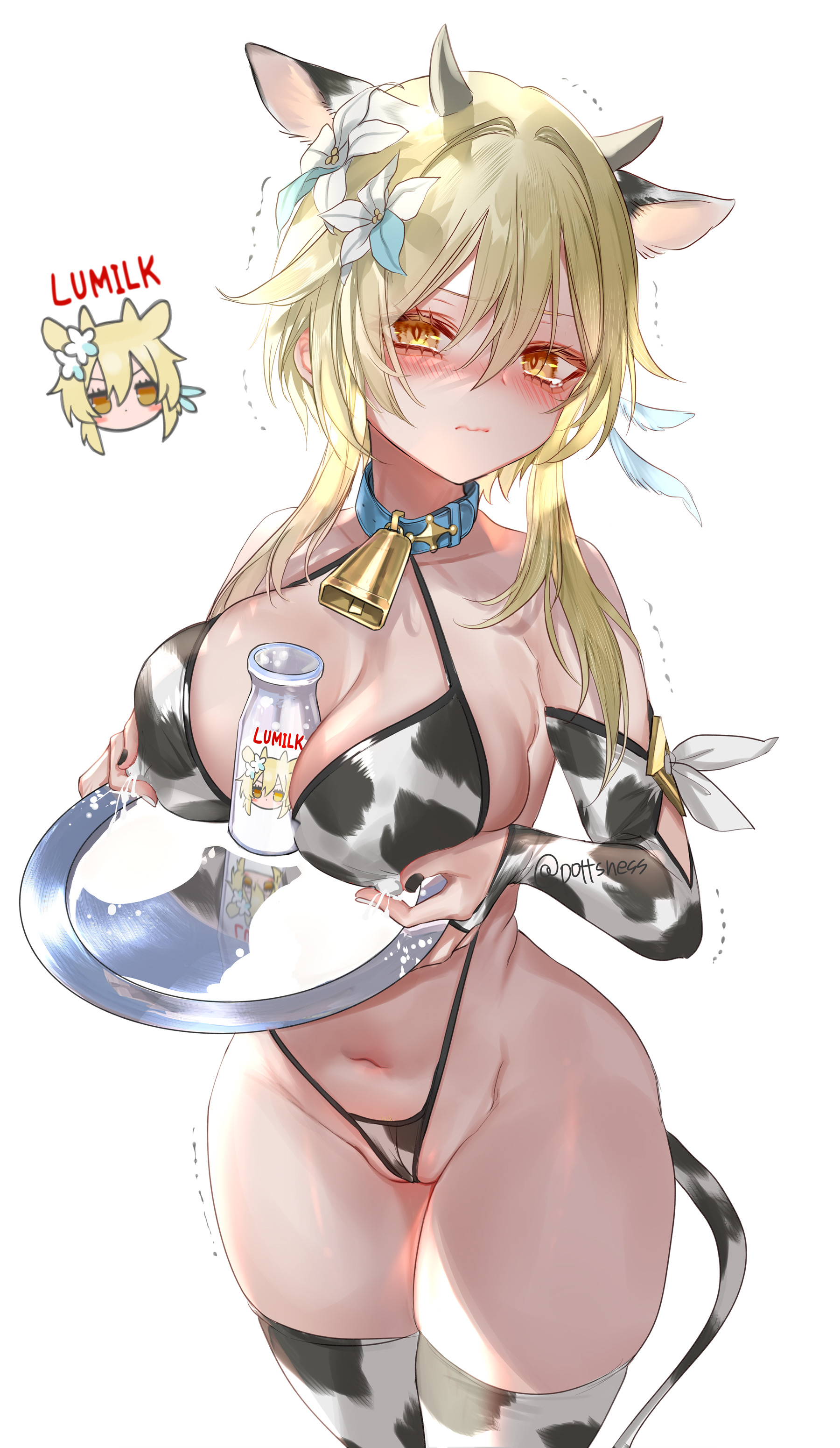 1girls, absurd res, bangs, bell, bell collar, between breasts, big breasts, blonde, blonde hair, blush, breasts, breasts on tray, collar, cow ears, cow horns, cow print, cow print armwear, cow print bikini, cow print gloves, cow print thong, cow tail, cowbell, female, genshin impact, hair between eyes, hair ornament, hi res, highres, hips, huge breasts, lactation, lactation through clothes, large breasts, looking at viewer, lumine (genshin impact), milk, milking, plain background, pottsness, serving tray, short hair, simple background, solo, tears, thick, thick thighs, thighs, white background, wide hips
