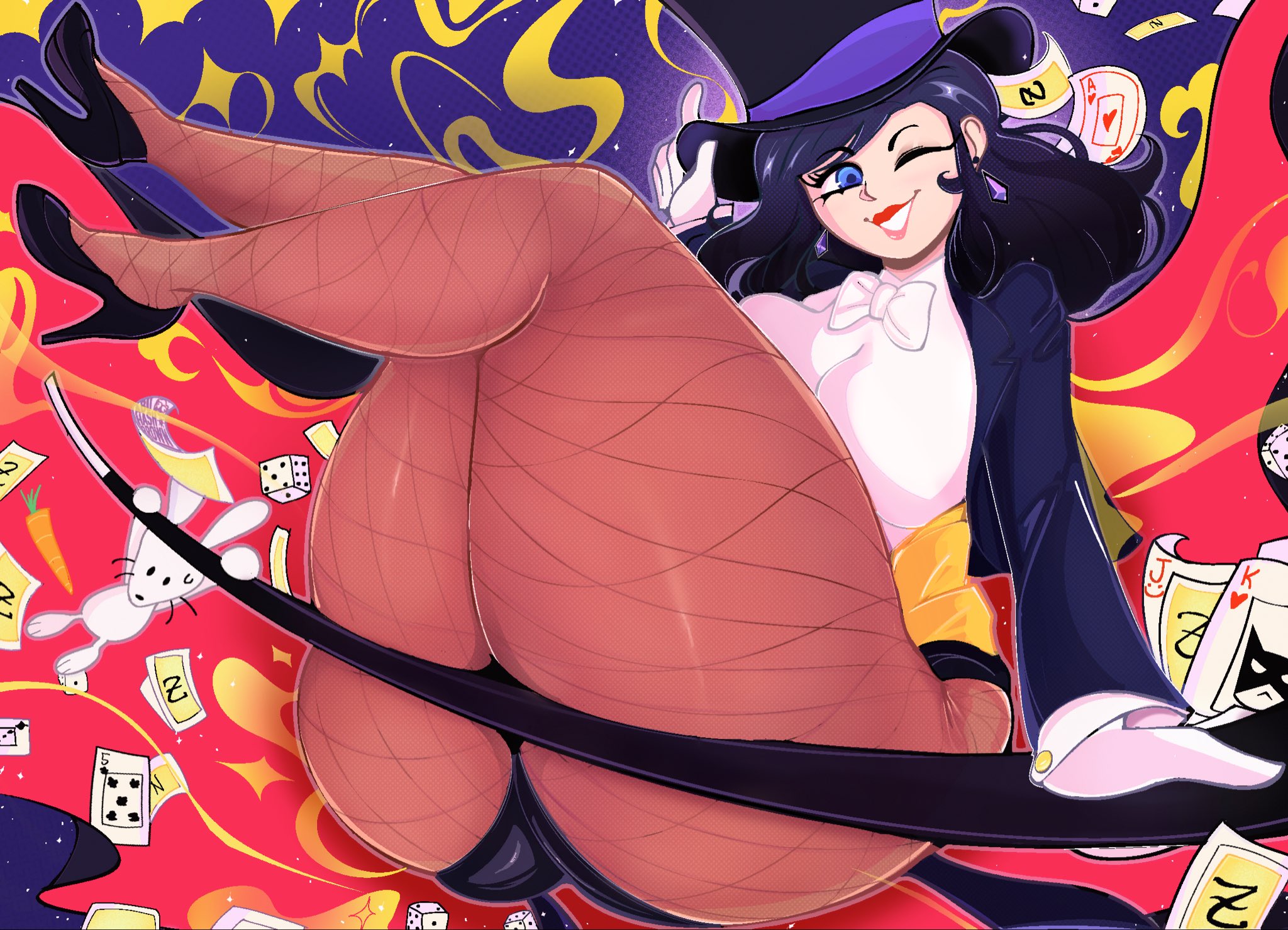 1girls, abuhashbrown, ass, ass focus, black hair, blue eyes, breasts, dc, dc comics, fat ass, female, female only, fishnets, fully clothed, huge ass, light-skinned female, magical girl, magician, magician hat, magician tuxedo, presenting hindquarters, smiling at viewer, solo, thick ass, thick thighs, thighs, zatanna, zatanna zatara