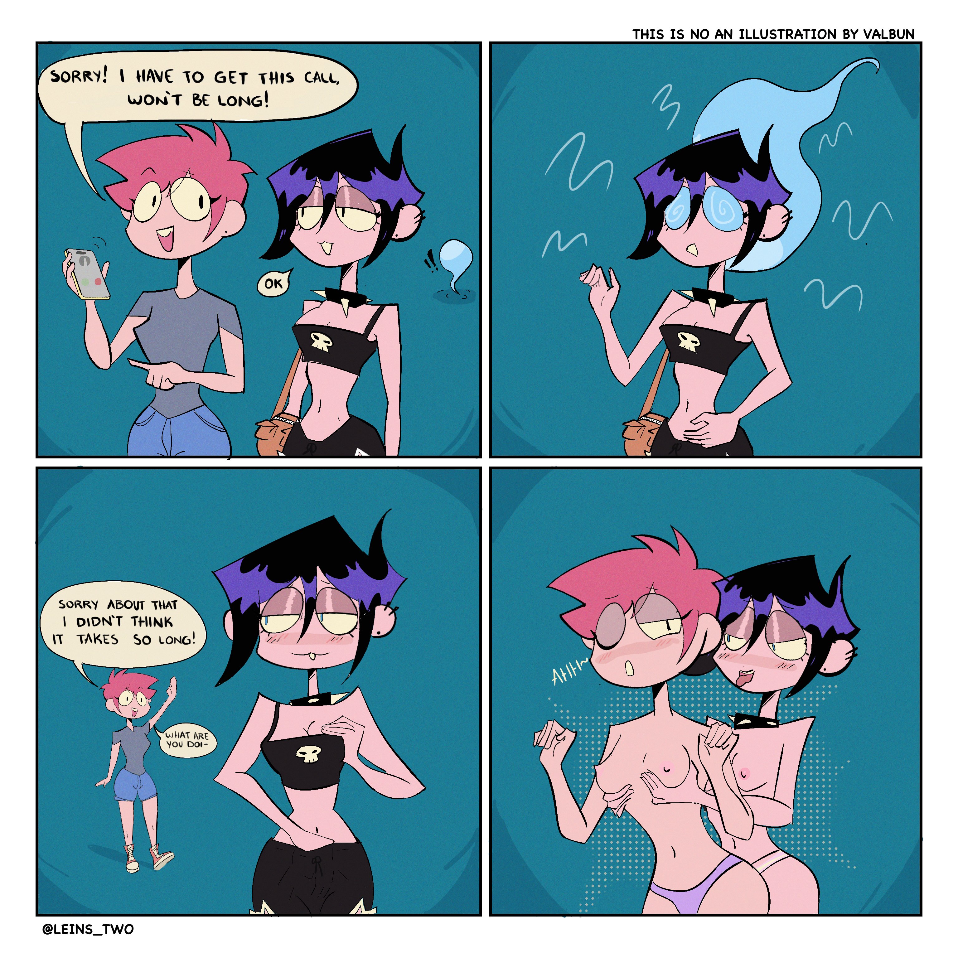 big breasts, blush, blushing, body swap, breasts, choker, comic, comic strip, female, fondling, fondling breast, leins two, possessed, possession, text, text bubble, tsf, valbun, valbun (oc), yuri
