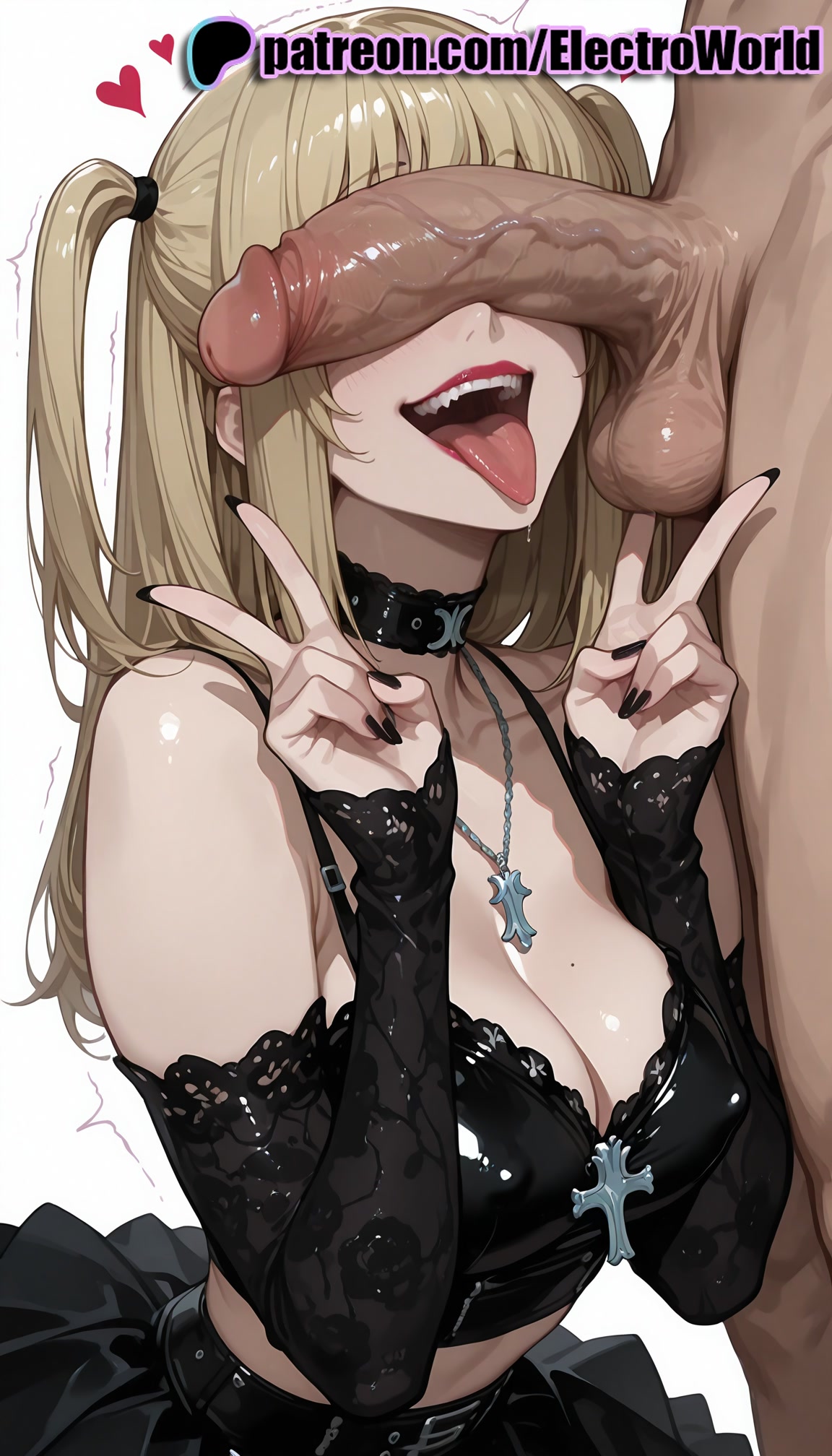 1boy, 1girls, 2025, ai generated, artist name, balls, black nails, breasts, bust, chest, cleavage, cock, death note, dick, electroworld, erection, female, heart, hi res, high quality, high resolution, highres, jewelry, large penis, male, misa amane, nail polish, patreon, patreon username, penis, penis on face, solo focus, stable diffusion, star (symbol), straight, testicles, tongue, tongue out, trembling, uncensored, v, veins, veiny penis, watermark