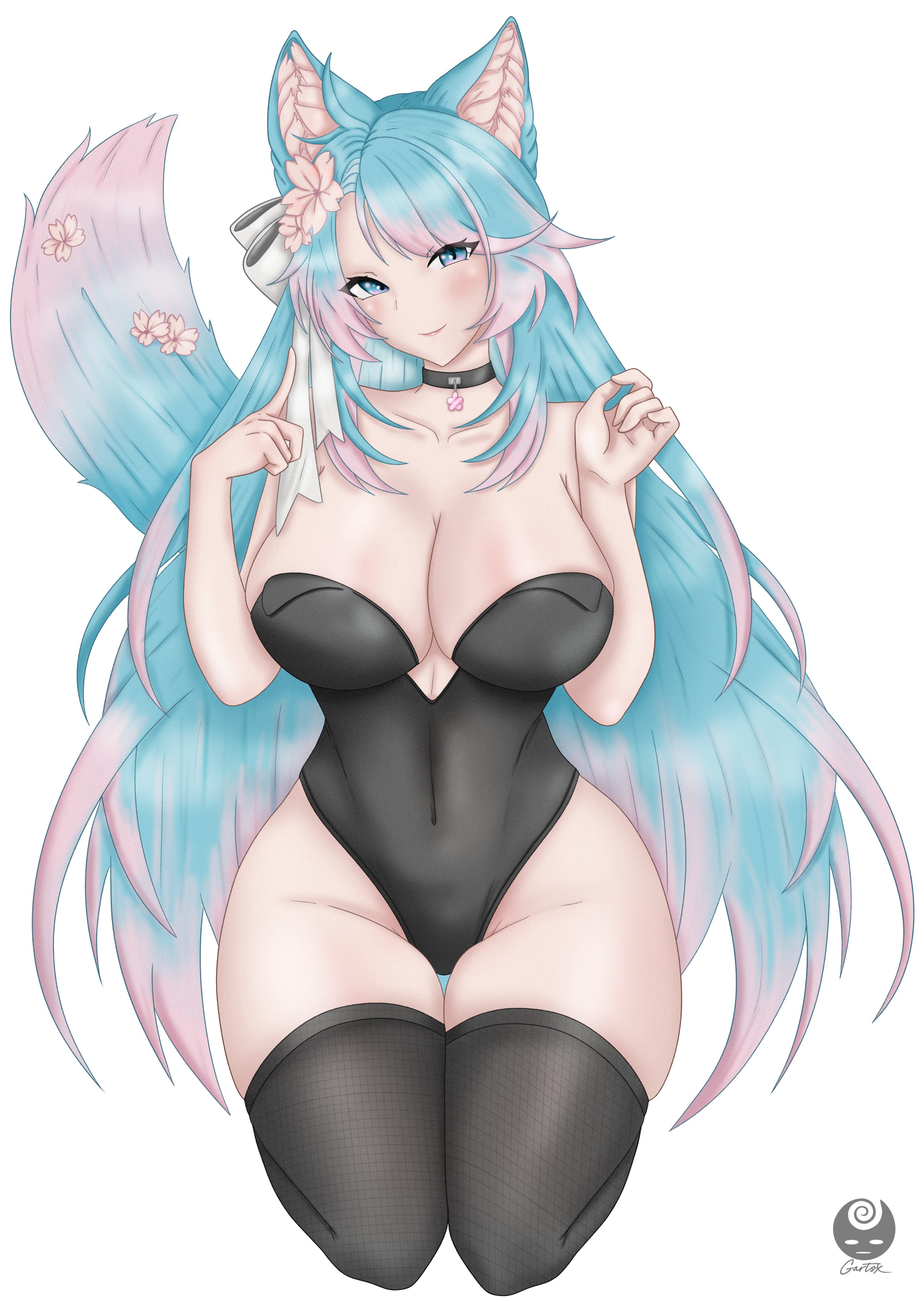 1girls, blue eyes, blue hair, breasts, bunnysuit, choker, cleavage, female, fully clothed, indie virtual youtuber, large breasts, on knees, pink highlights, silvervale, solo, solo focus, thick thighs, thighhighs, two-tone hair, virtual youtuber, white background, wolf ears, wolf girl, wolf tail