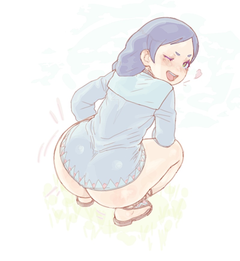 ass, ass focus, big ass, blue hair, bottom heavy, braid, braided hair, breasts, bubble butt, dress, female, green eyes, half-closed eyes, heart, high-angle view, huge ass, looking at viewer, looking back, meili portroute, re:zero kara hajimeru isekai seikatsu, seductive, seductive look, shaking ass, shortstack, small breasts, smile, squatting, stripes, tight clothing, tight dress, wink, winking at viewer