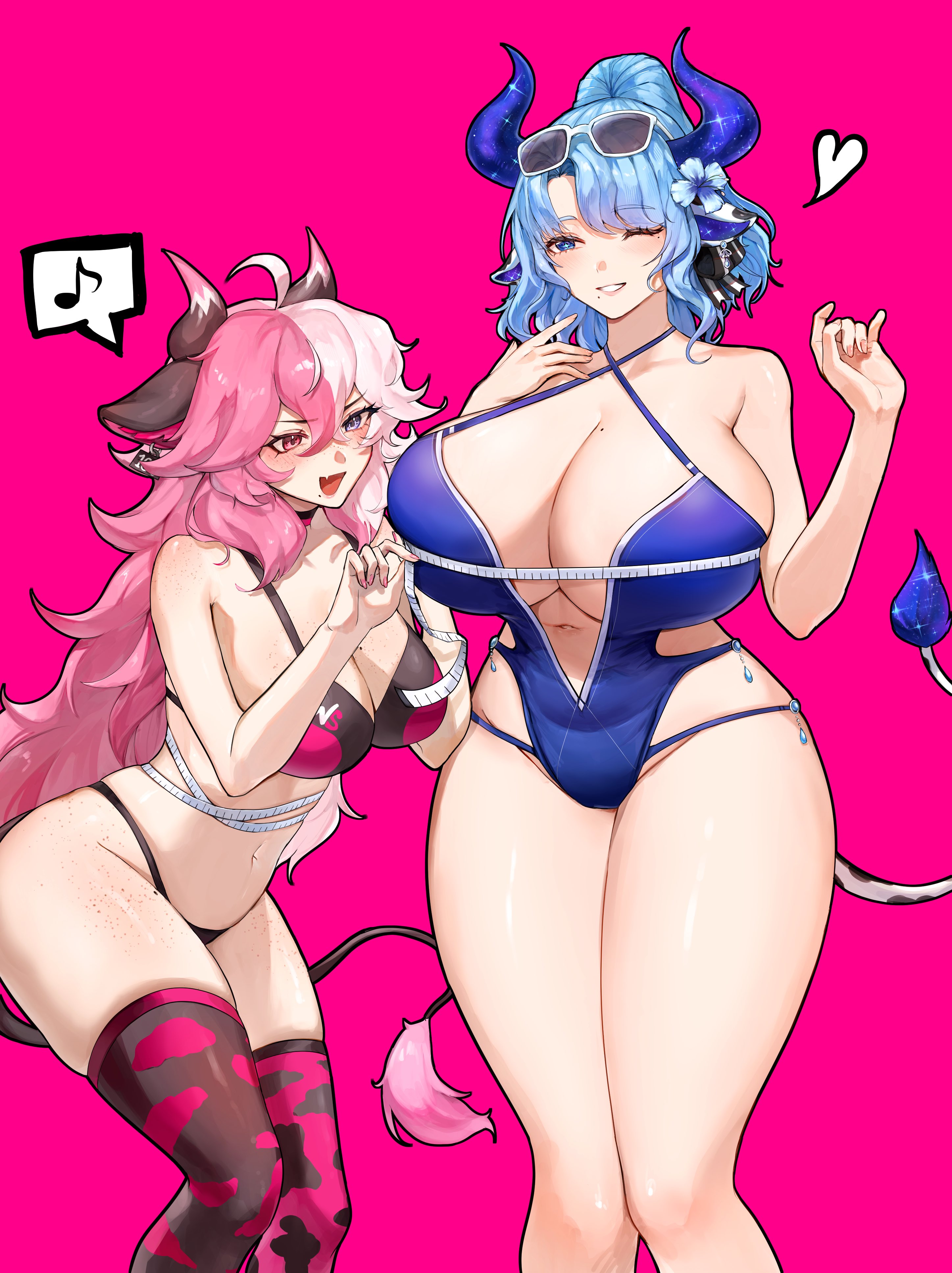 2girls, ass, big breasts, blue eyes, blue hair, breast size difference, breasts, cow girl, female, freckles, freckles on breasts, freckles on thighs, hips, horns, huge breasts, indie virtual youtuber, large breasts, massive breasts, measurements, measuring, measuring breasts, measuring tape, miilkywayz, milf, one-piece swimsuit, original character, pink hair, short hair, swimsuit, tail, thick, thick ass, thick thighs, thighs, virtual youtuber, vtuber, waifusizes, wink