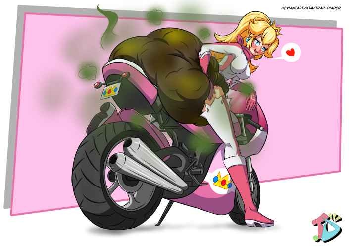 1girls, diaper, female, fully clothed, hyper feces, hyper scat, light skin, mario kart, messy diaper, nintendo, pooping, poopy diaper, princess peach, scat, shit, shitting, soiling, stinky, trap-diaper