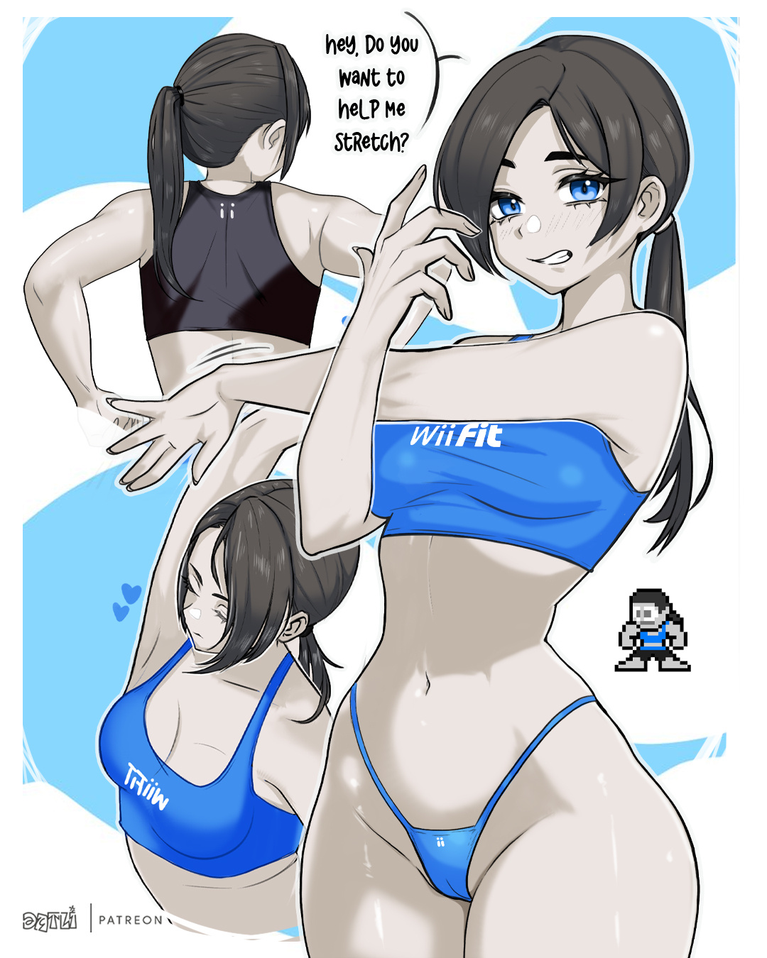 1girls, arm up, armpits, ass, back, bare shoulders, bikini, black hair, black sports bra, blue bikini, blue eyes, blue panties, blue shorts, blue sports bra, blush, bottomless, bra, breasts, cameltoe, chibi, chibi inset, cleavage, closed eyes, closed mouth, clothing, colored skin, crop top, datli64, english text, exercise, feet, female, female only, female pubic hair, flexible, grey skin, grin, hands on feet, highleg, highleg panties, large breasts, long hair, looking at viewer, medium breasts, midriff, navel, nintendo, pale skin, panties, pixel art, ponytail, pubic hair, pussy, shorts, smile, soles, solo, solo female, sports bra, sportswear, spread toes, stretching, swimsuit, tank top, text, thighs, thong, tight, toes, toned, underwear, white body, white skin, white-skinned female, wide hips, wii fit, wii fit trainer, wii fit trainer (female), yoga pants