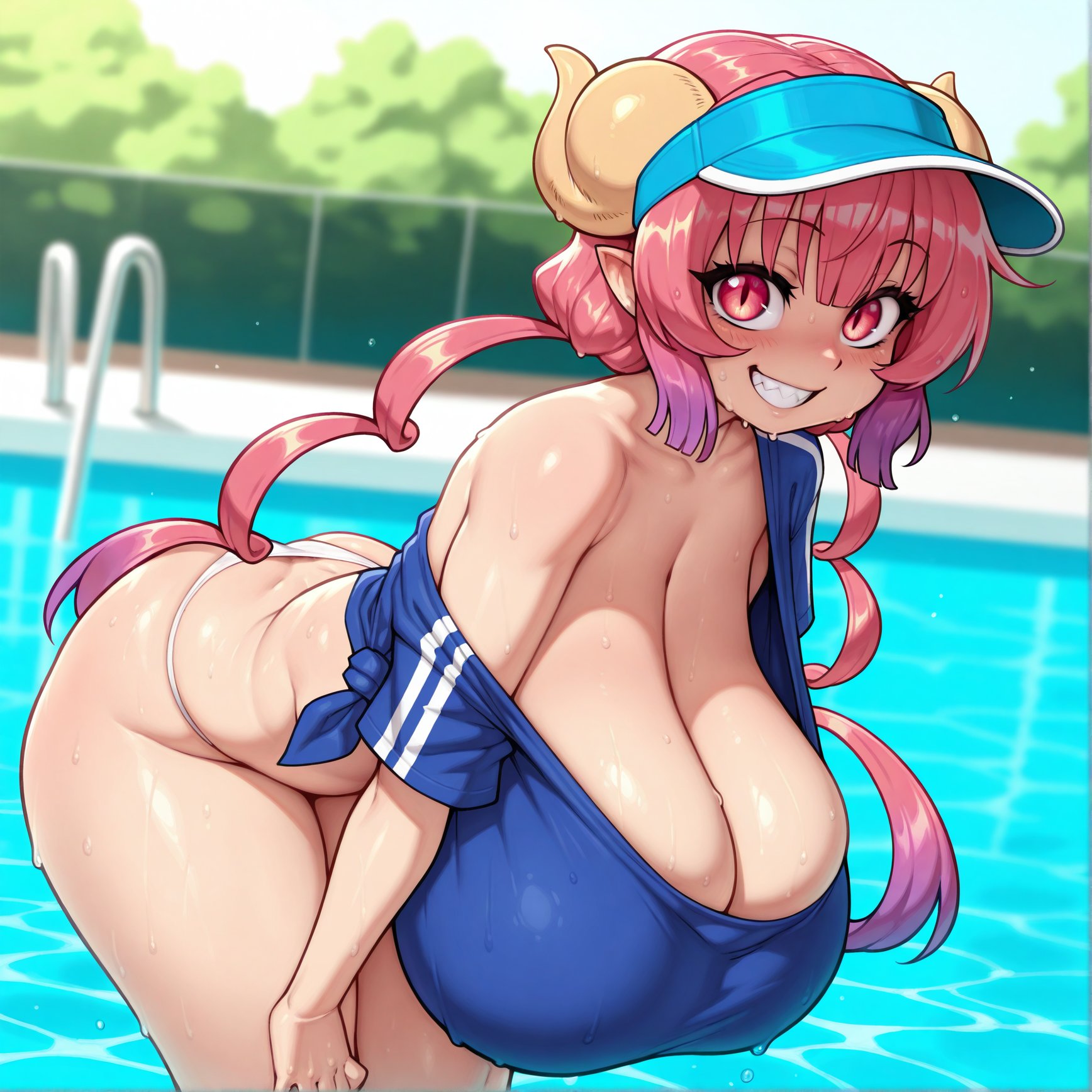 ai generated, big breasts, breasts, breasts bigger than body, female, female only, hanging breasts, horns, ilulu (dragon maid), miss kobayashi's dragon maid, mochipawg, red eyes, revealing clothes, smile, solo, solo focus, swimwear, upper body front view