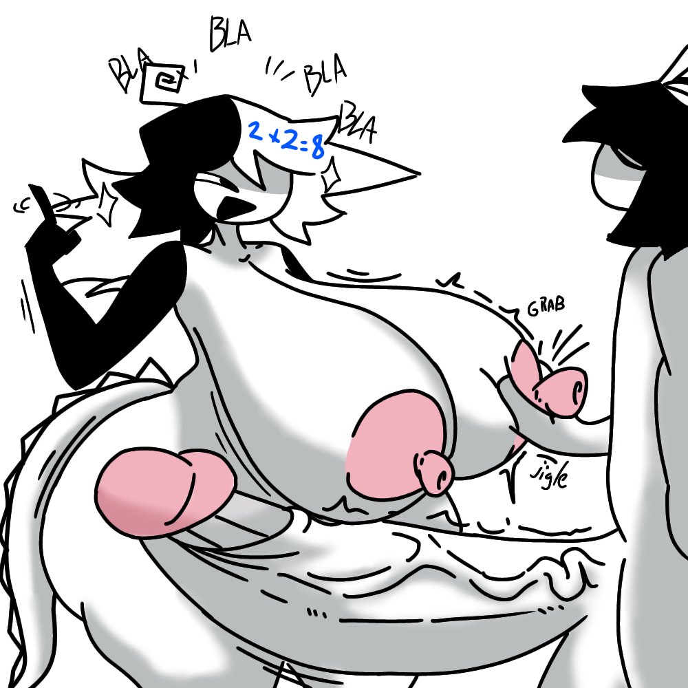 1boy, 1girls, abbie (fundamental paper education), balls, big ass, big balls, big breasts, big penis, big thighs, breasts, female, fundamental paper education, grabbing breast, male, penis, tail, zip (fundamental paper education)