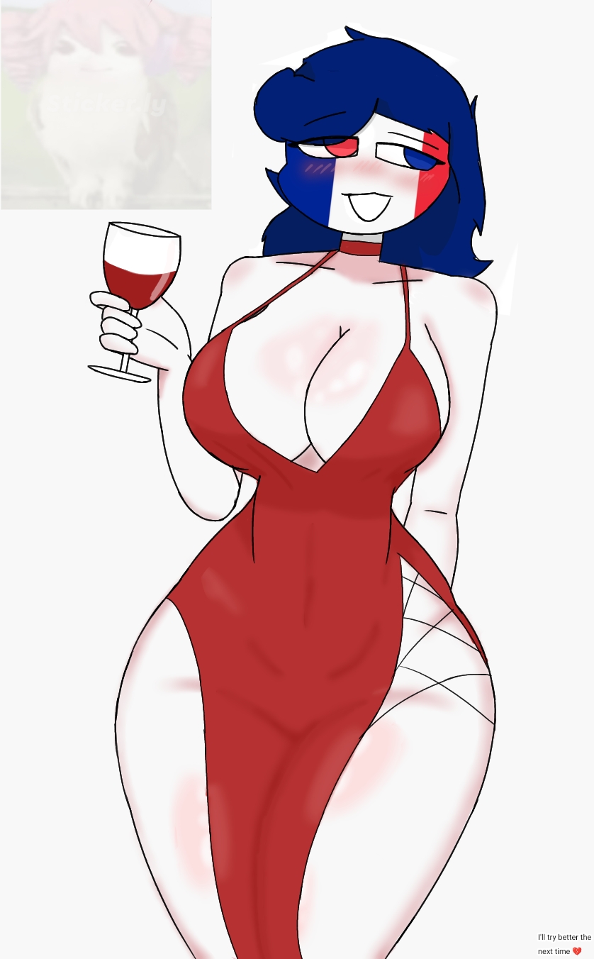big ass, big breasts, blue hair, breasts, countryhumans, countryhumans girl, dress, dressed, drunk, elecaust, female, france (countryhumans), holding object, looking up, simple background, smiling, thick thighs