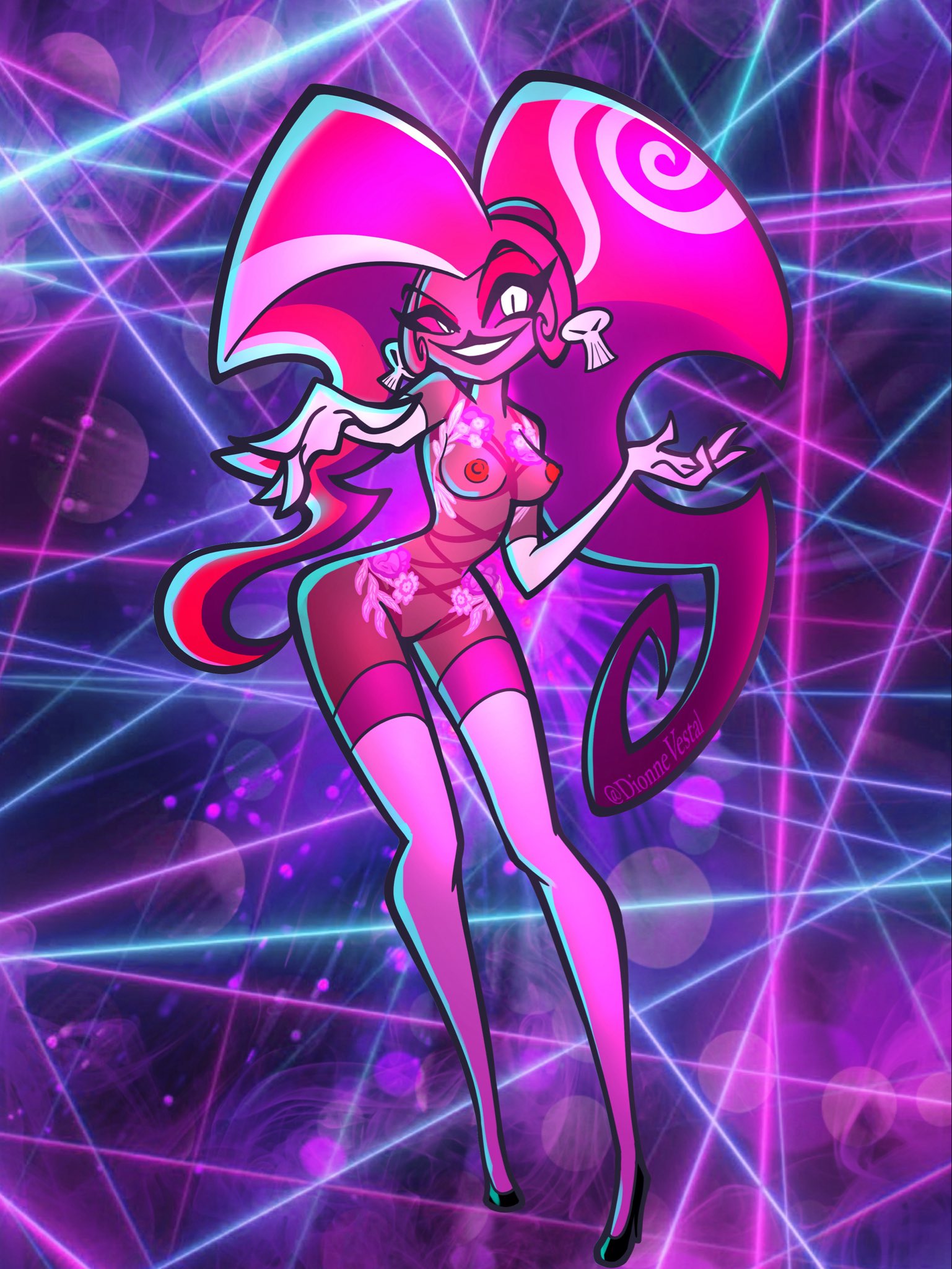 1girls, dionne vestal, female, hazbin hotel, lingerie, long stockings, mostly nude, neon pink, stockings, velvette, white stockings