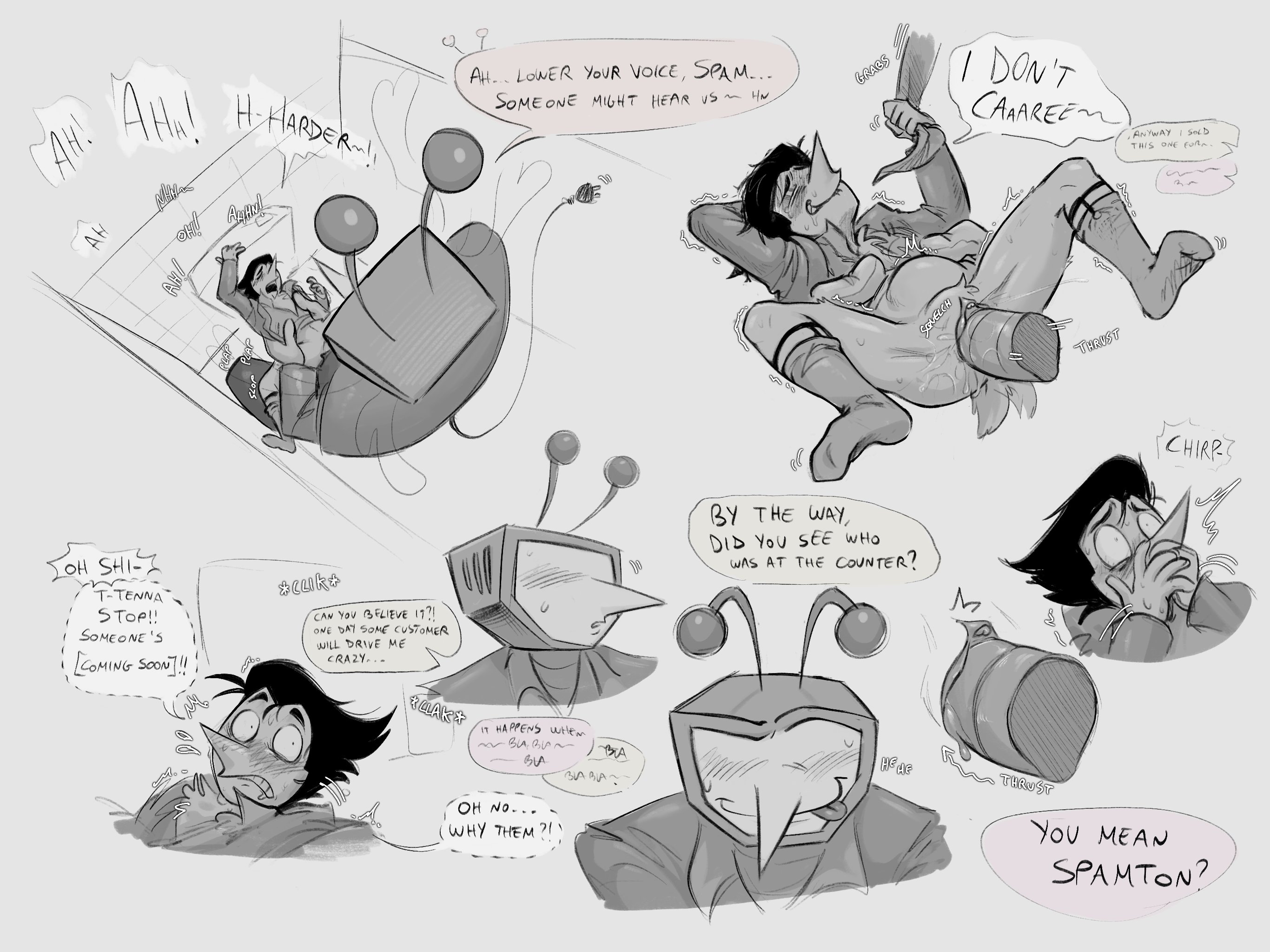 2boys, angysecretlab, bathroom, bathroom sex, belly bulge, big penis, bottomless, caught, comic, cuntboy, cuntboy/male, deltarune, deltarune chapter 3, dialogue, english dialogue, english text, gay, gay sex, intersex, male, missionary position, missionary sex, monochrome, penis, pussy, size difference, size play, small tail, smaller male, smaller penetrated, spamtenna, spamton g spamton, spread legs, tenna (deltarune), tie pull, vagina, vaginal penetration, yaoi