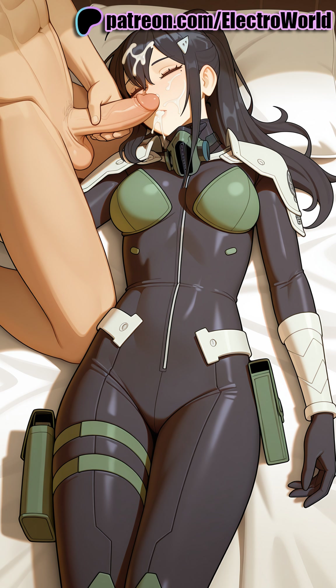 1boy, 1girls, 2025, ai generated, artist name, balls, black hair, blowjob, blowjob face, bodysuit, cock, cum, cum in mouth, dick, electroworld, facial, fellatio, female, hi res, high quality, high resolution, highres, kaiju no.8, laying down, licking, long hair, lying, lying on back, male, mina ashiro, on back, on bed, oral, oral sex, patreon, patreon username, penis, solo focus, stable diffusion, straight, sucking, testicles, uncensored, watermark