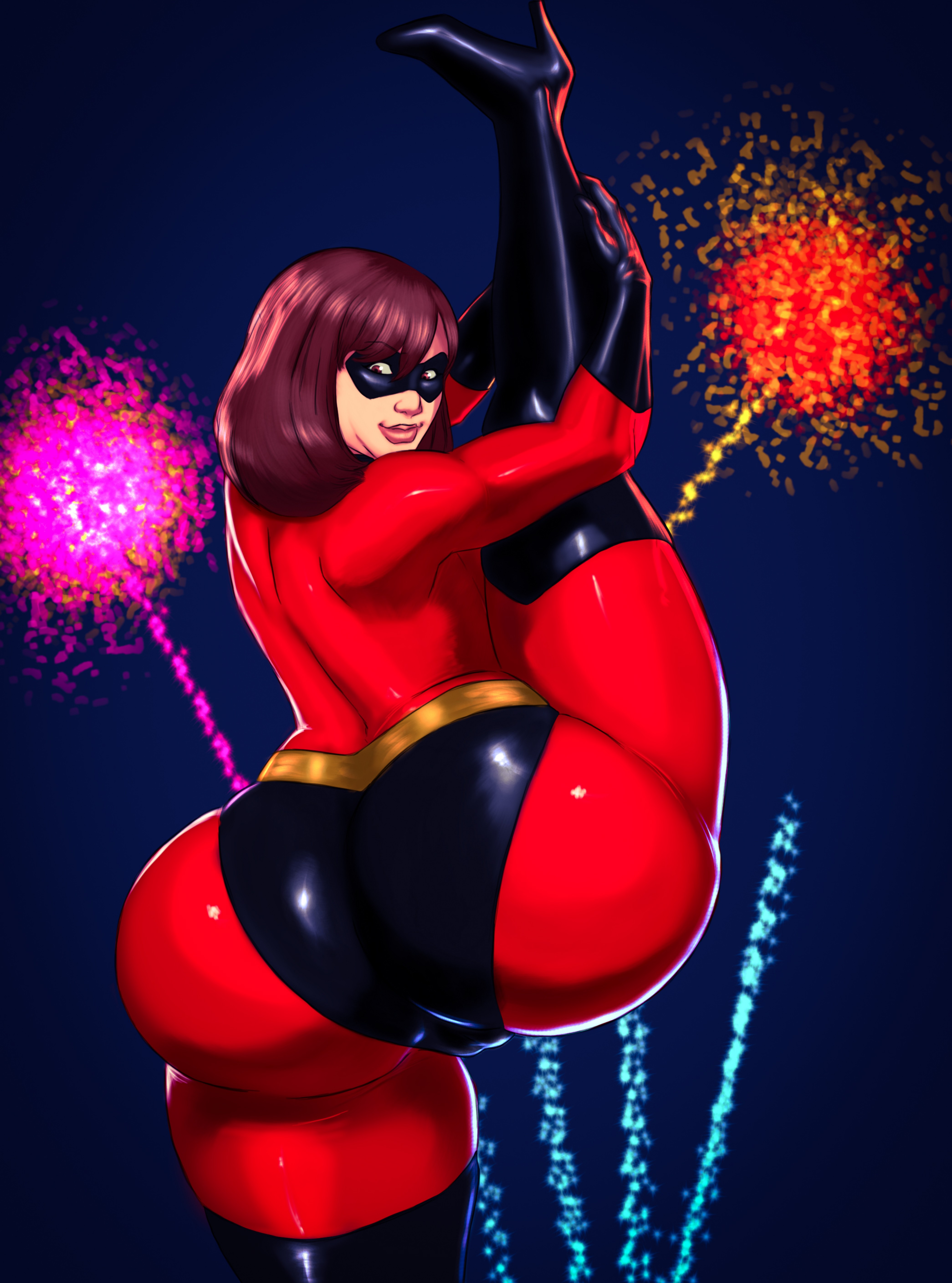 1girls, ass, boots, bottom heavy, brown eyes, brown hair, cameltoe, commision, domino mask, elastigirl, elastigirl (cosplay), female, female only, fireworks, gloves, heel boots, heels, helen parr, helen parr (cosplay), large ass, latex, legs, legs up, looking back, looking over shoulder, mask, masked, masked female, mommylexis (artist), mrs mcphatass, simple background, smiling, stretching, stretching legs, the incredibles, thick thighs, thighhighs, thighs