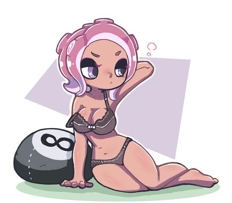 1girls, 2018, agent 8 (octo expansion), agent 8 (splatoon), bow, bow bra, bra, bra strap down, bra strap slip, breasts, cleavage, female, hourglass figure, lingerie, lingerie only, looking away, midriff, navel, nintendo, octoling, octoling girl, panties, simple background, solo, splatoon, splatoon (series), splatoon 2, whichdoll