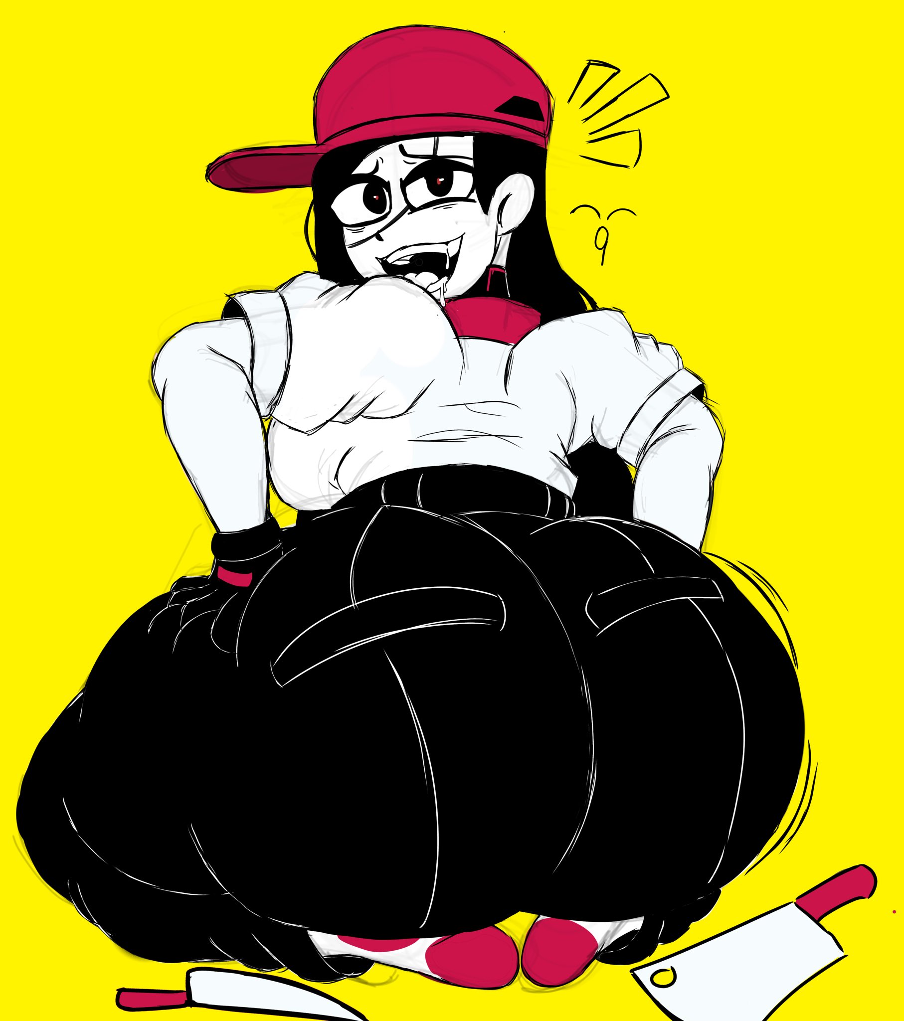 1girls, alternate version available, ass, ass focus, ass shake, backwards hat, baseball cap, big ass, breasts, butcher vanity (synthesizer v), cleaver, fat ass, female, flavor foley, from behind, hat, huge ass, jacket, knife, large ass, large breasts, looking at viewer, looking back, mv character, open mouth, red hat, shaking ass, simple background, sitting, solo, synthesizer v, tagme, teeth, thesushisensei, vimalion pro, white jacket, white skin, yellow background, yi xi (synthesizer v)