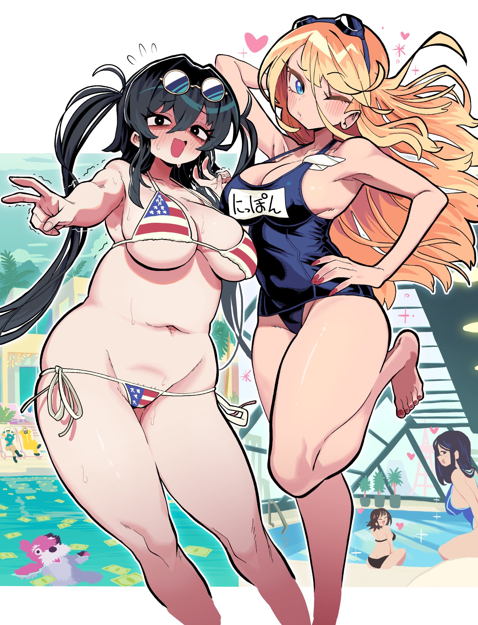 2girls, american flag bikini, background characters, bare shoulders, barefoot, bikini, black eyes, black hair, blonde hair, blue eyes, blush, breasts, chubby, chubby female, cleavage, feet, female, female only, gashi-gashi, glasses, glasses on head, goggles, heart, long hair, navel, original, original character, peace sign, pool, posing, sideboob, smile, sweat, sweating, swimsuit, tagme, thick thighs, tied hair, trembling, uejini, voluptuous, walter white, wide hips