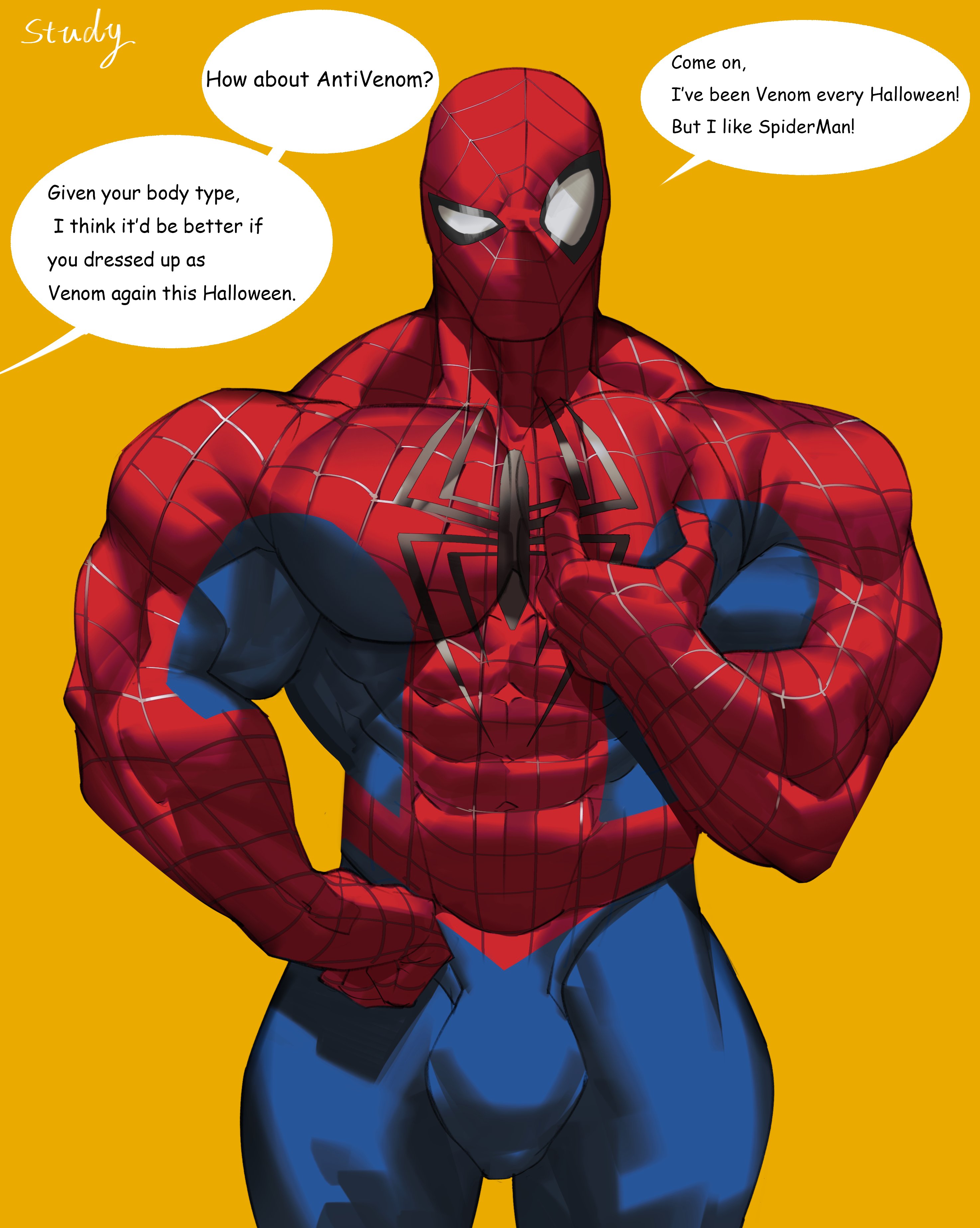abs, bara, breasts, bulge, cxcxxcxxxx, dialogue, english text, grabbing breasts, male, male only, marvel, marvel comics, mask, masked, masked male, muscular, muscular male, pecs, pectorals, spider-man, spider-man (series), text, yaoi