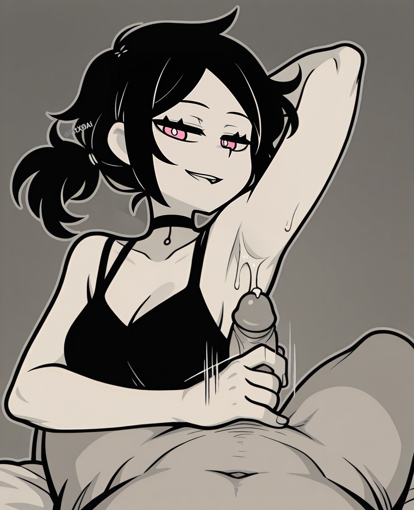 ai generated, armpit crease, armpit fetish, armpit play, armpit sex, armpits, ashley graves, black hair, choker, cleavage, cum in armpit, cum on armpit, cum on body, female, jerking, jerking off, jerkingoff, pink eyes, pitxoai, the coffin of andy and leyley