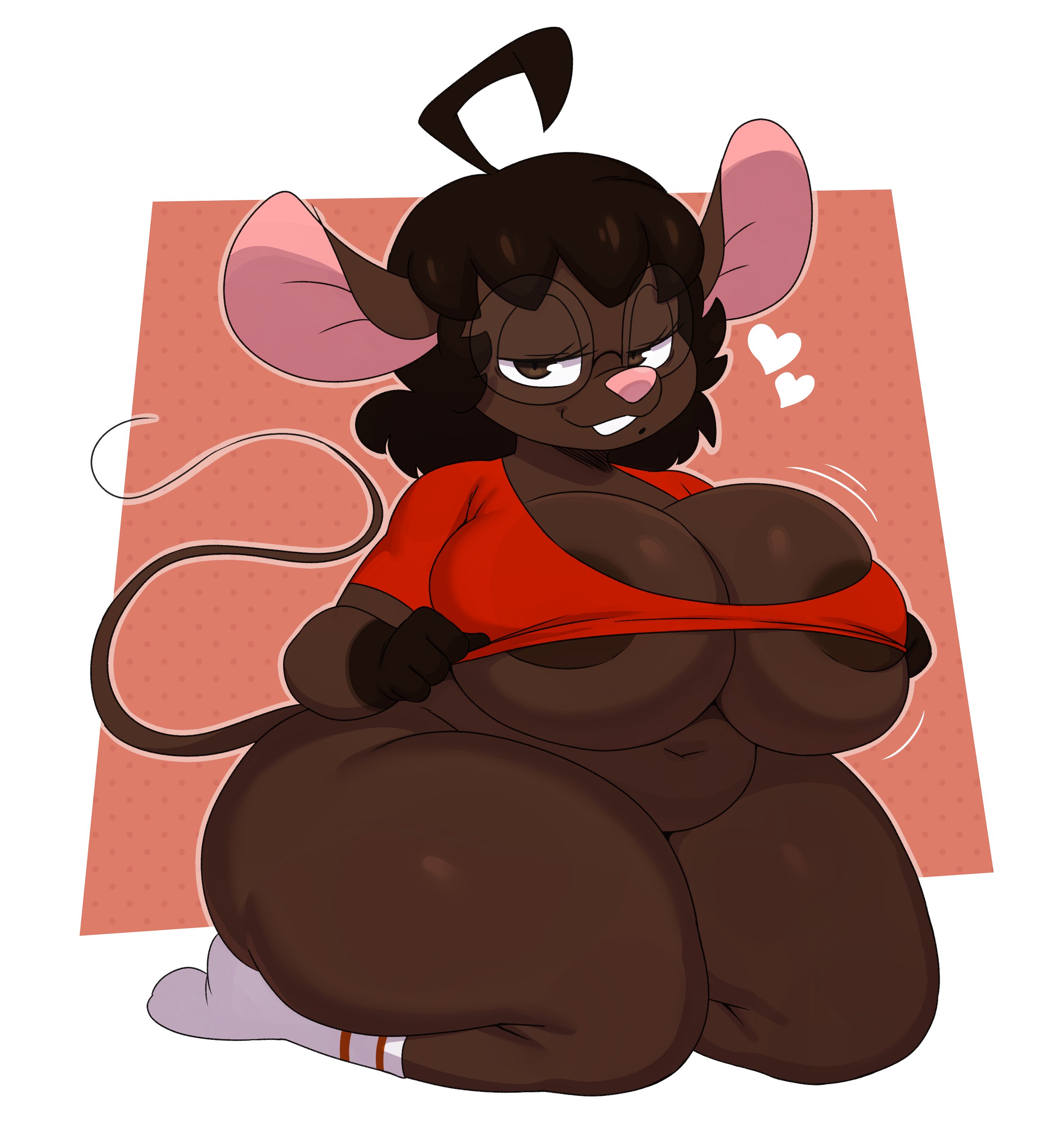 2021, absurd res, ahoge, anthro, areola, ass, beauty mark, belly, big ass, big breasts, big ears, bottomless, breasts, brown body, brown eyes, brown hair, buckteeth, clothed, clothing, eyelashes, eyewear, female, female only, footwear, furgonomics, glasses, gloves (marking), gwen martin, hair, half-closed eyes, hi res, huge ass, huge breasts, looking at viewer, mammal, markings, mole (marking), mouse, murid, murine, narrowed eyes, navel, pink nose, rodent, shirt, short hair, shortstack, simple background, smile, smirk, socks, solo, solo female, sssonic2, teeth, thick thighs, topwear, voluptuous