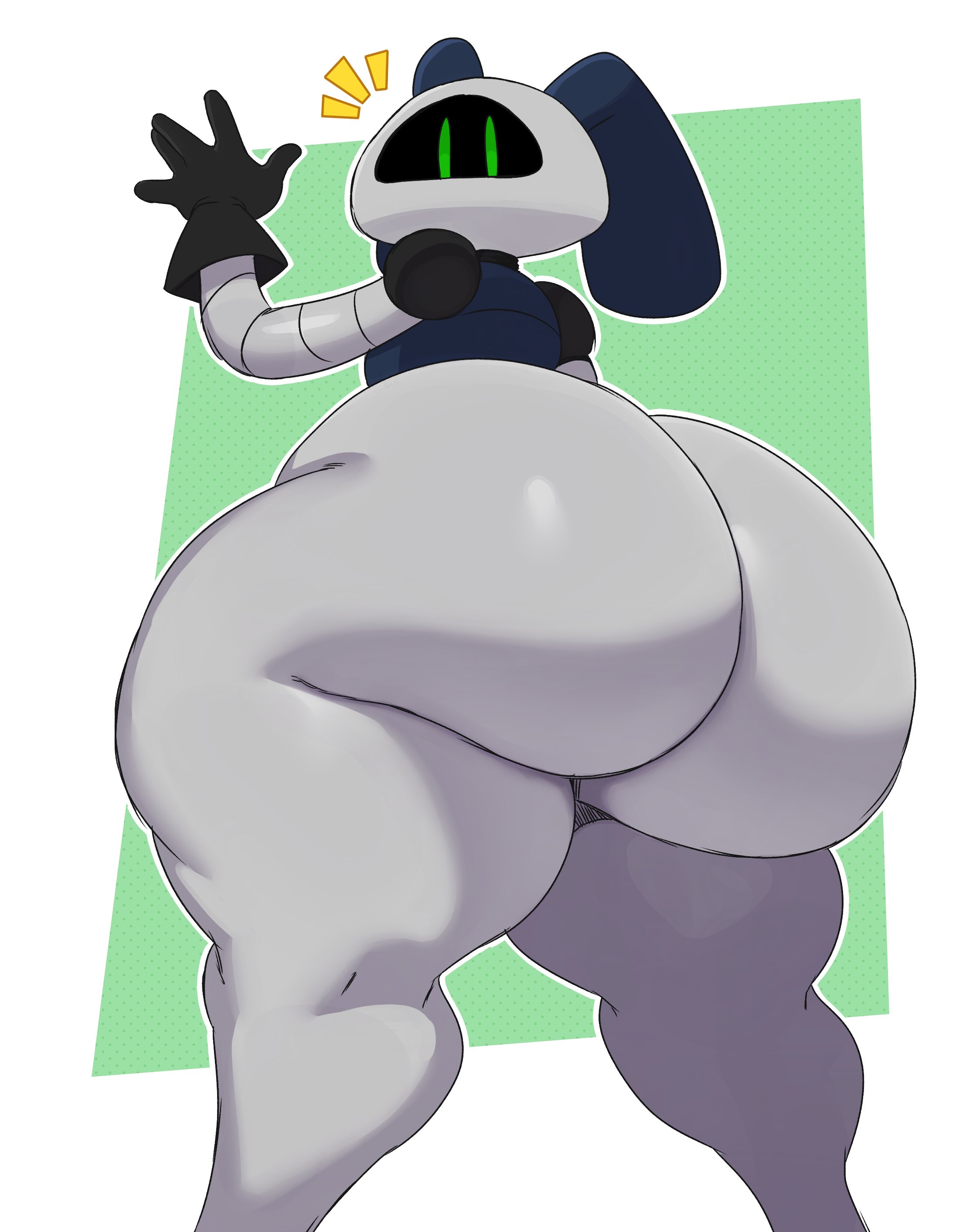 anthro, ass, better version at source, big ass, big butt, canid, canine, canis, clothing, curvy figure, domestic dog, floppy ears, girly, gloves, green eyes, grey body, handwear, huge ass, huge butt, machine, male, male only, mammal, nude, rear view, robot, simple background, solo, solo male, sssonic2, standing, thick thighs, voluptuous, wide hips