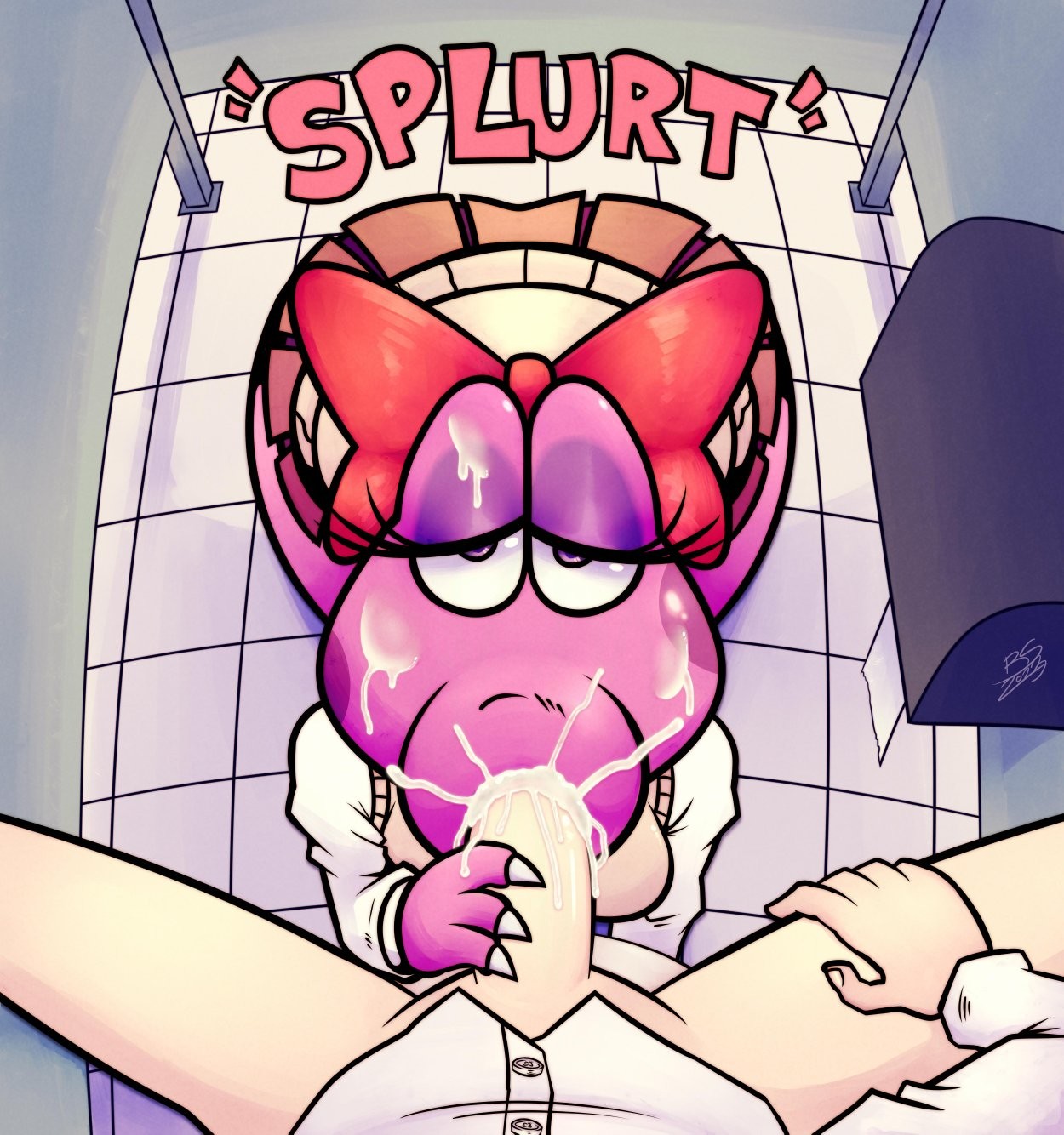 1boy, 1girls, anthro, birdo, blowjob, cum, cum in mouth, cum on face, duo, female, female focus, female/male, light skin, light-skinned female, male, male pov, male/female, mario (series), nintendo, oral, pov male, restroom stall, rodscorpion, sucking, sucking penis