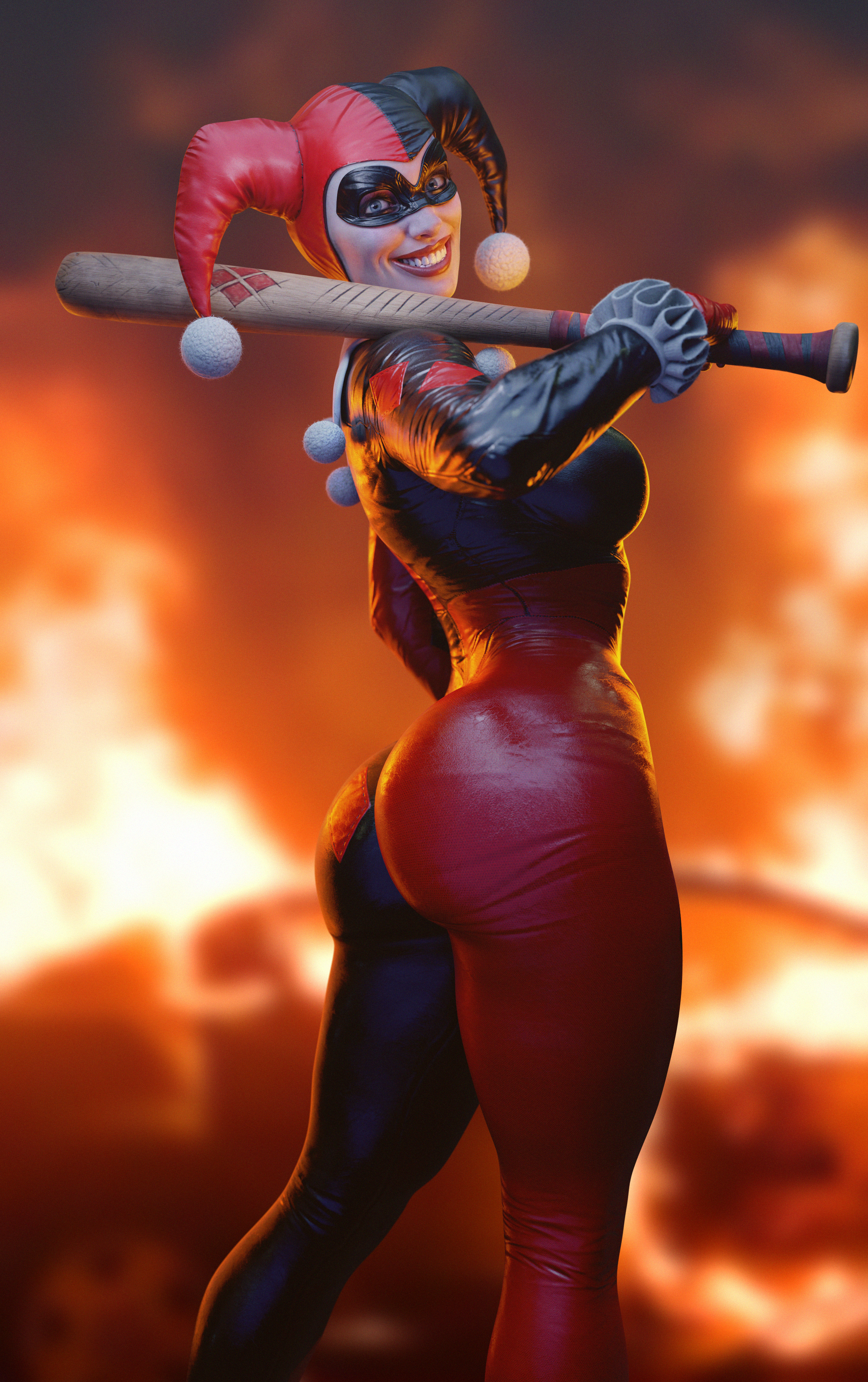 1girls, 3d, alternate breast size, ass, background, baseball bat, batesz, batman (series), big ass, big breasts, blender, blue eyes, blurry, blurry background, bodysuit, breasts, bubble ass, bubble butt, car, clothed, clothed female, clothing, dc, dc comics, eyelashes, eyes, female, female only, fire, fully clothed, happy, harley quinn, harley quinn (classic), harley quinn (injustice), headgear, holding object, human, human only, injustice 2, large breasts, latex, lipstick, looking at viewer, makeup, mask, nonsexual, open eyes, parted lips, red lipstick, side view, smile, solo, standing, teeth, vehicle, weapon