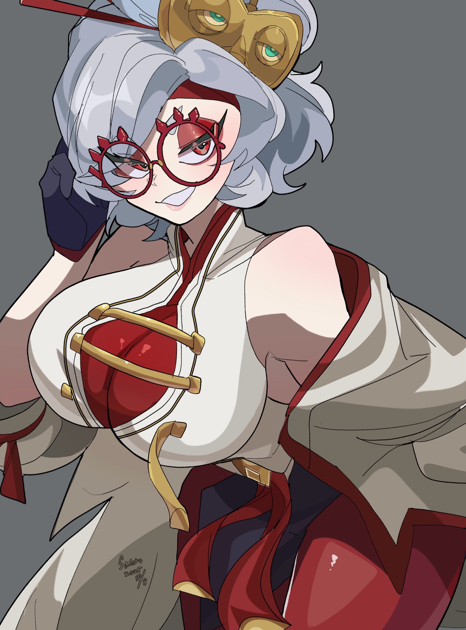 1girls, artist name, bare shoulders, big breasts, breasts, commentary, dated, female, female only, glasses, gloves, grey background, grin, hair ornament, hair stick, highres, large breasts, looking at viewer, nintendo, purah, red eyes, red-framed eyewear, round eyewear, satoro301, signature, simple background, sleeveless, smile, solo, symbol-only commentary, tears of the kingdom, the legend of zelda, white hair