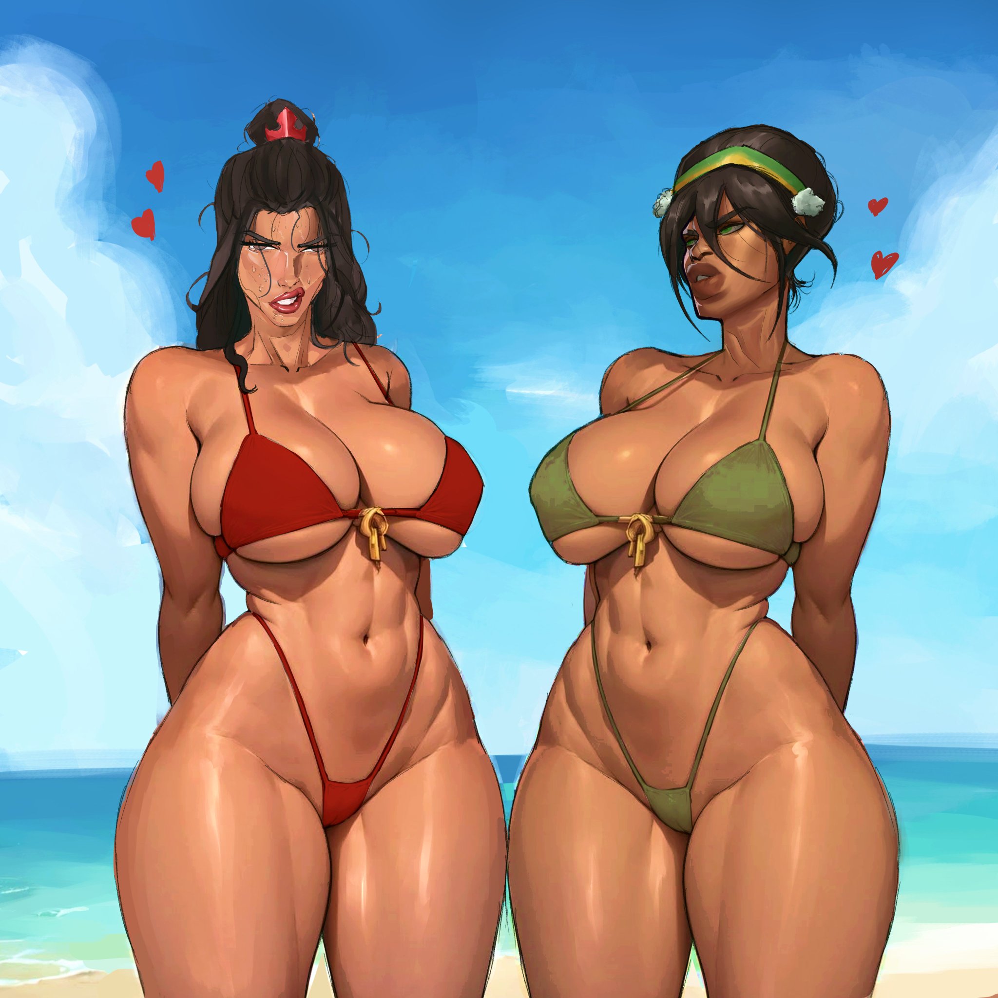 2025, 2girls, abs, aged up, asian, asian female, athletic, athletic female, avatar the last airbender, azula, beach, big ass, big breasts, bikini, black hair, blind, blue sky, breasts, busty, child bearing hips, cloud, curvaceous, curvaceous female, curvaceous figure, curvy, curvy body, curvy female, curvy figure, curvy hips, earth kingdom, female, female only, fire nation, green bikini, green eyes, hair between eyes, heart, hearts around head, hips, hourglass figure, huge ass, huge breasts, kagezz, large ass, large breasts, legs, light skin, light-skinned female, looking at viewer, multiple females, multiple girls, navel, ocean, outdoors, outside, red bikini, slim waist, standing, thick thighs, thighs, toph bei fong, voluptuous, voluptuous female, wide hips