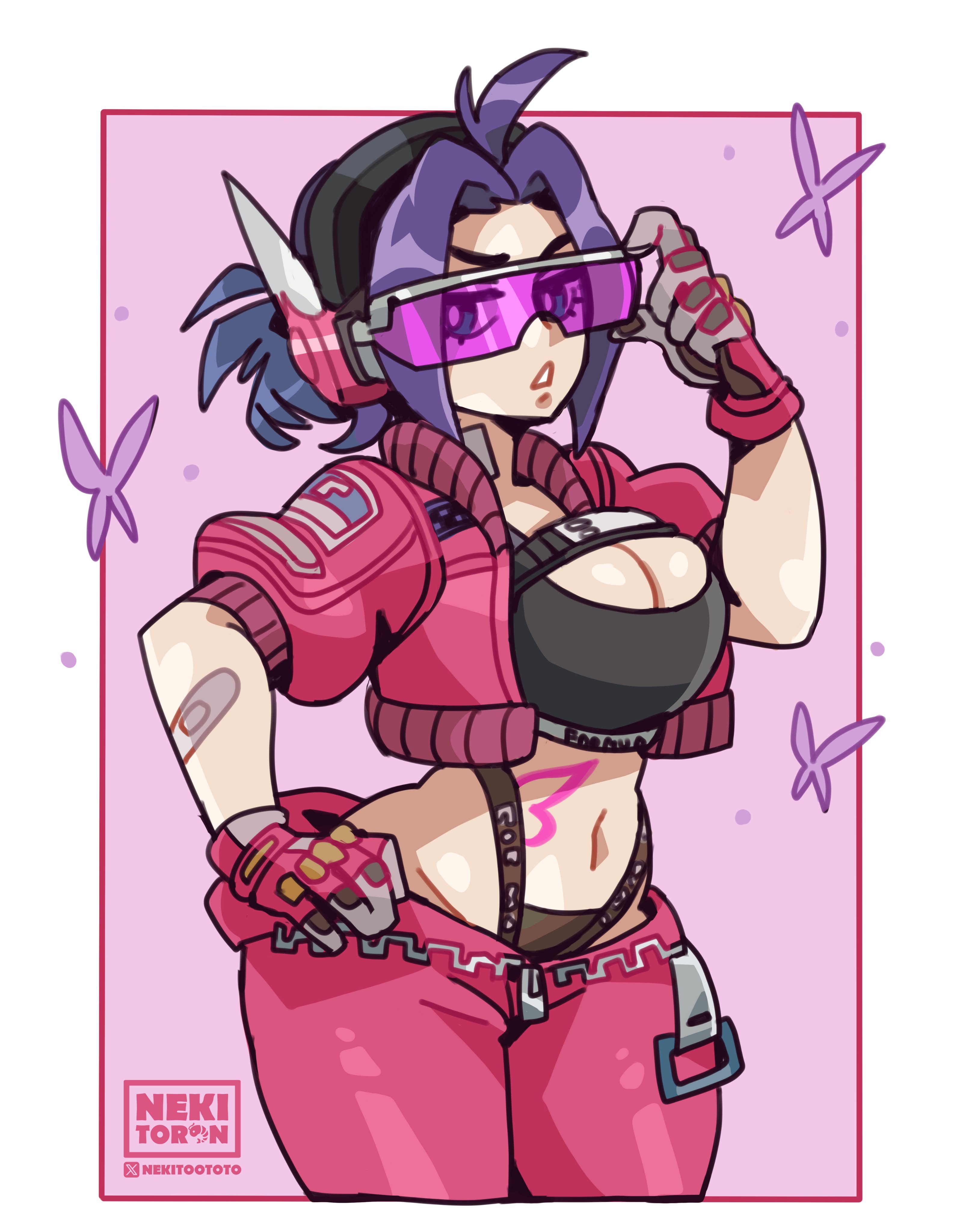 1girls, adjusting eyewear, alternate costume, breasts, cleavage, female, female focus, female only, large breasts, light skin, light-skinned female, looking at viewer, marvel, marvel comics, marvel rivals, nekitoototo, psylocke, psylocke (sai) (fleeting butterfly), solo, streetwear, sunglasses, thick thighs, thighs, tinted eyewear, wide hips, x-men