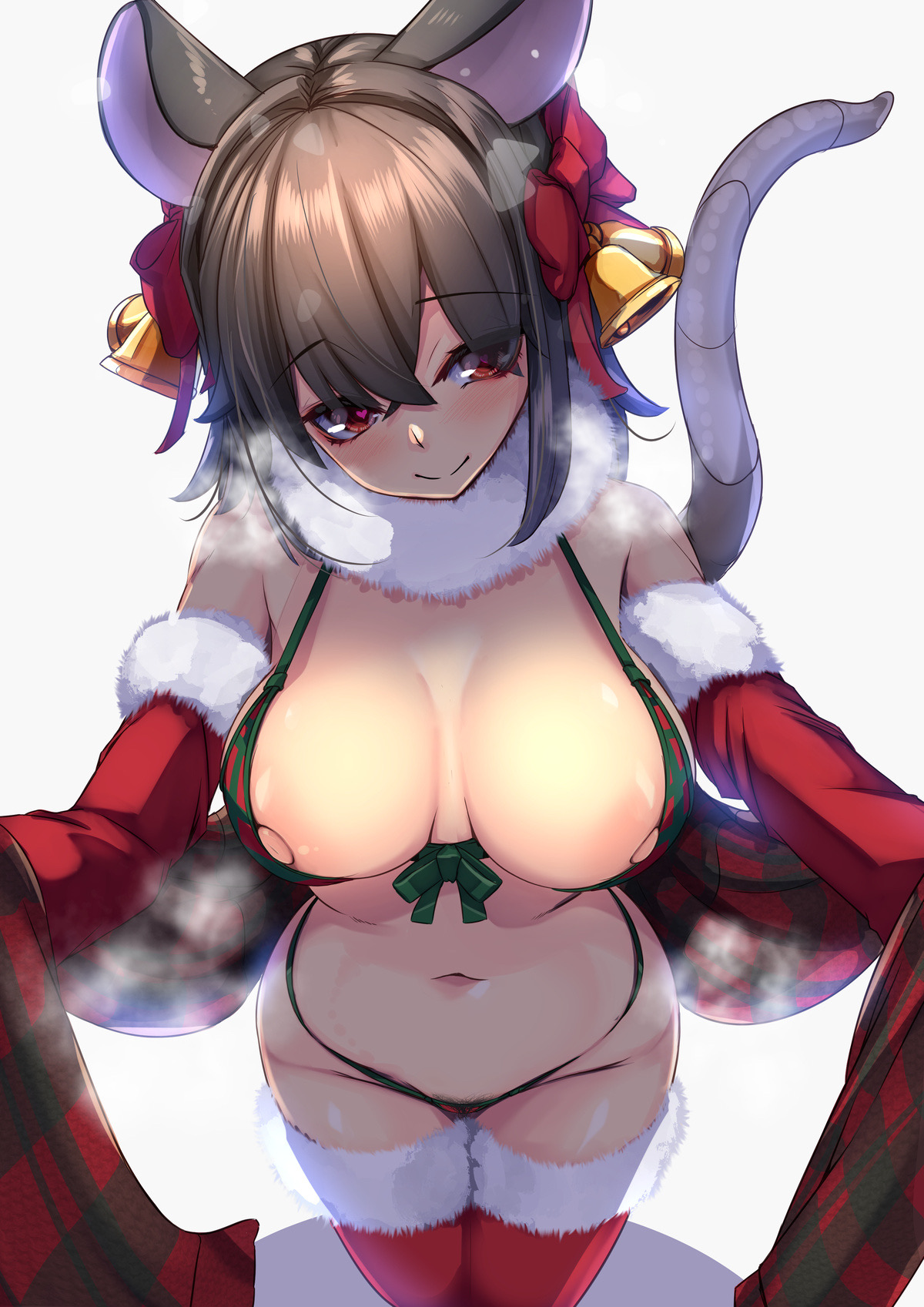 animal ears, bangs, bell, bow, breasts, cape, christmas, closed mouth, commentary, detached sleeves, eyebrows visible through hair, female, fur trim, fur-trimmed cape, fur-trimmed legwear, fur-trimmed sleeves, green ribbons, grey hair, hair bell, hair ornament, hairbow, heart, heart-shaped pupils, highres, large breasts, light blush, mouse, mouse ears, mouse girl, navel, nazrin, nipples, red bow, red eyes, red legwear, ribbon, short hair, simple background, smile, solo, steam, strapless, symbol-shaped pupils, thighhighs, touhou, white background, yukito (dreamrider)